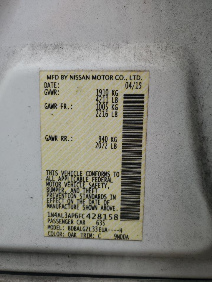 2015 Nissan Altima 2.5 S White vin: 1N4AL3AP6FC428158