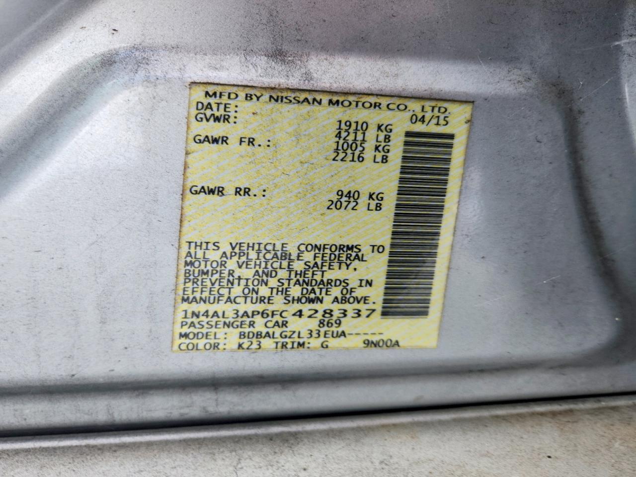 2015 Nissan Altima 2.5 S Gray vin: 1N4AL3AP6FC428337