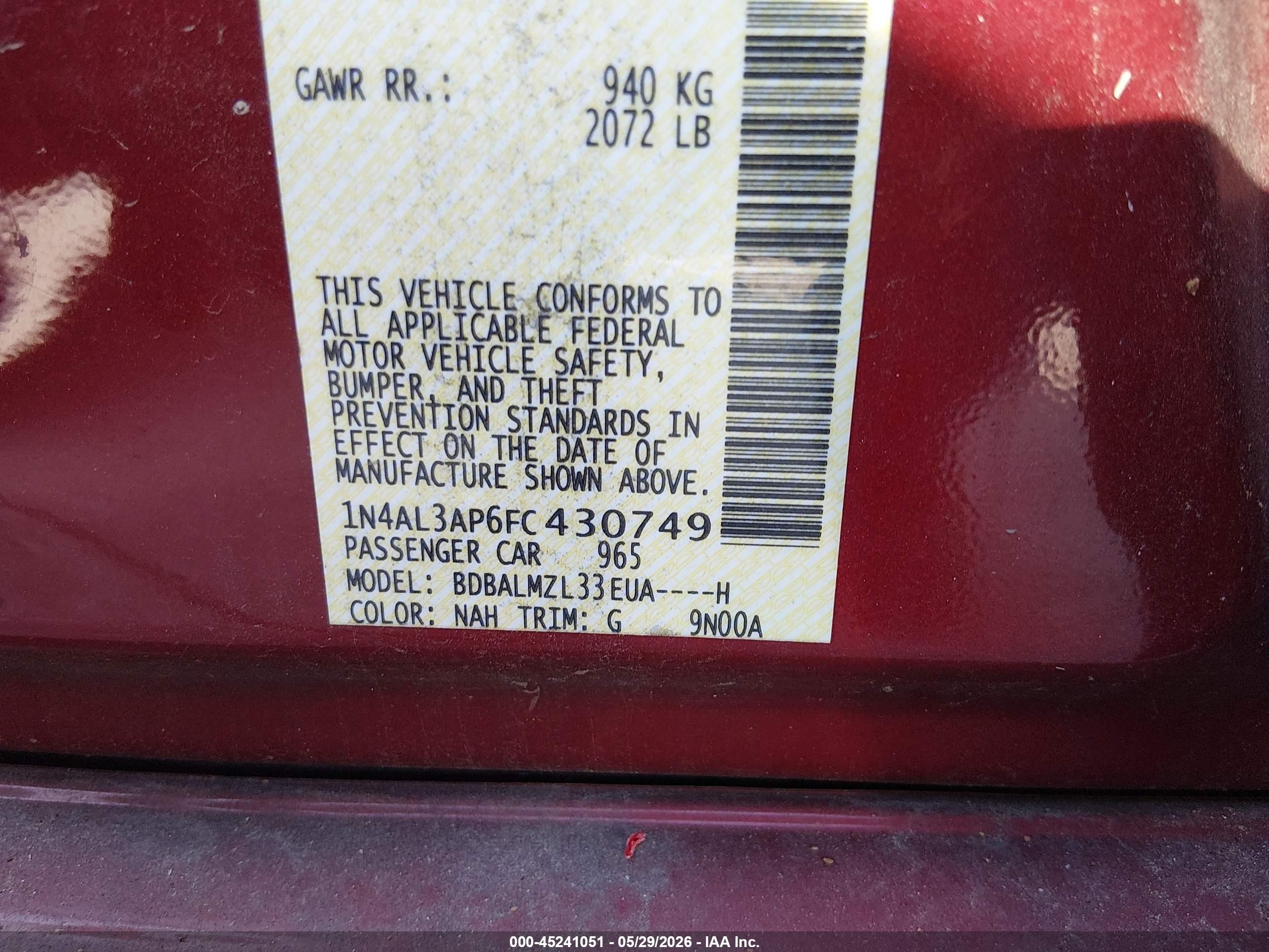 2015 Nissan Altima 2.5 Sv Red vin: 1N4AL3AP6FC430749