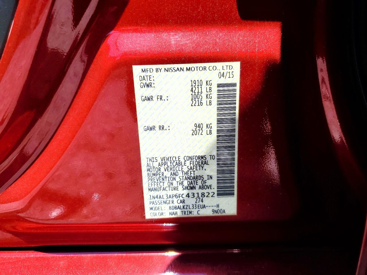 2015 Nissan Altima 2.5 Sv Красный vin: 1N4AL3AP6FC431822