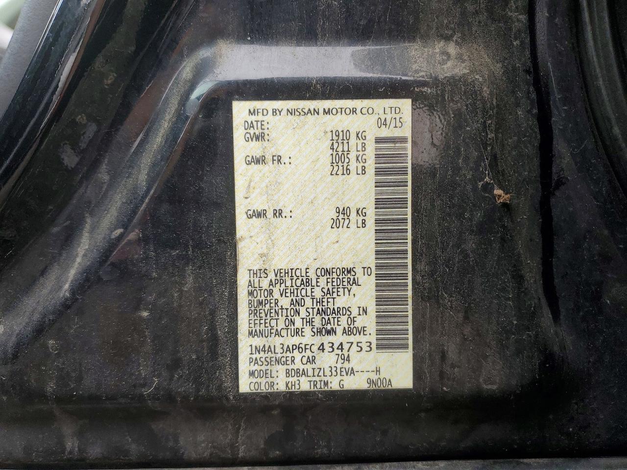 2015 Nissan Altima 2.5 Sv Black vin: 1N4AL3AP6FC434753