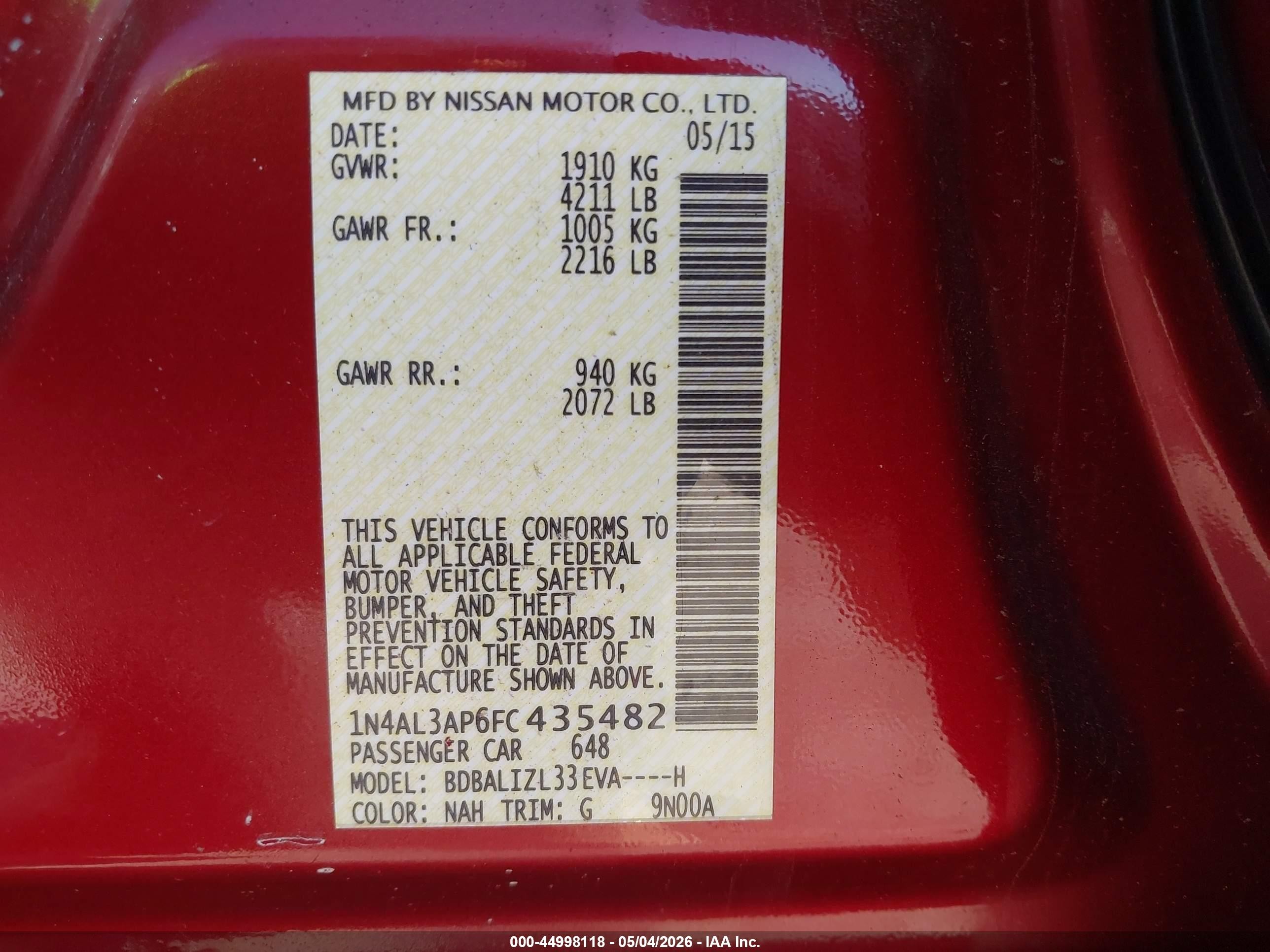 2015 Nissan Altima 2.5 Sv Red vin: 1N4AL3AP6FC435482