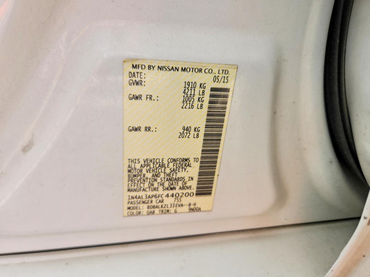 2015 Nissan Altima 2.5 Sv White vin: 1N4AL3AP6FC440200