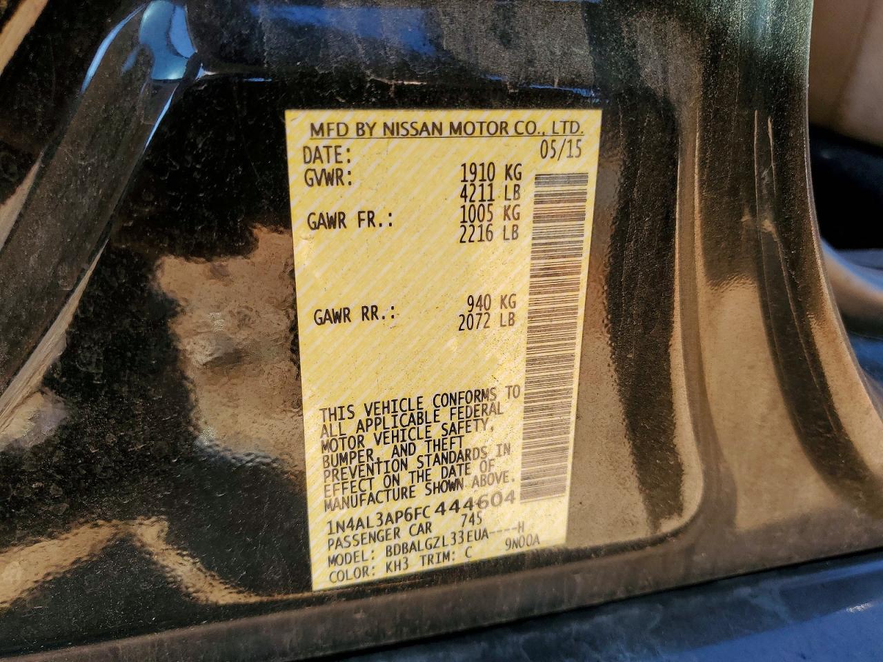 2015 Nissan Altima 2.5 S Black vin: 1N4AL3AP6FC444604