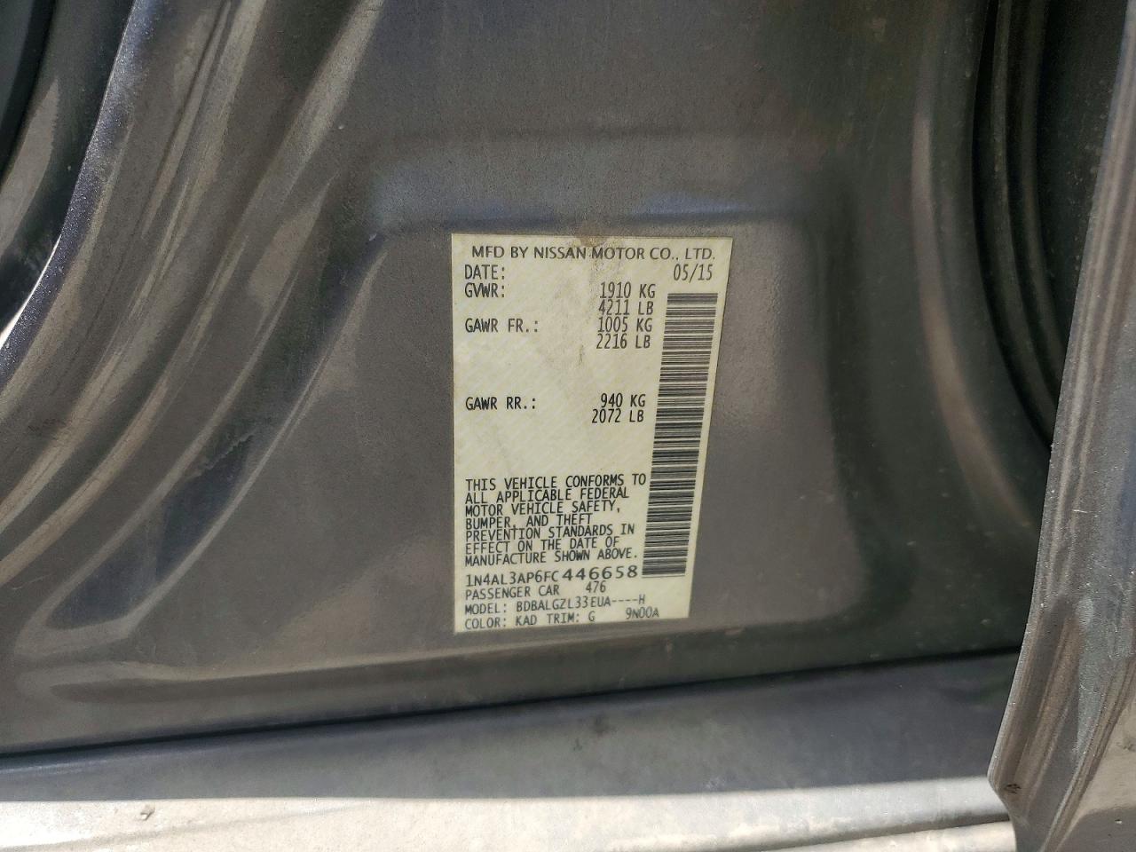2015 Nissan Altima 2.5 S Серый vin: 1N4AL3AP6FC446658
