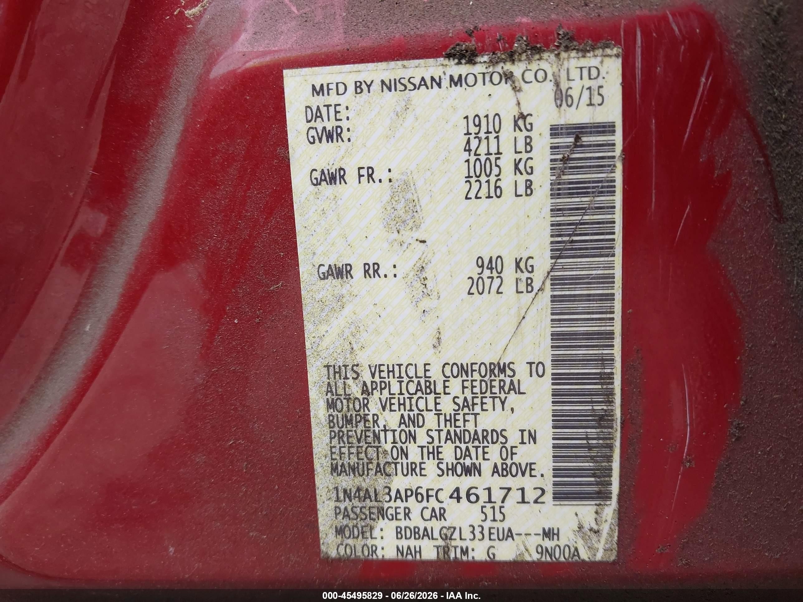 2015 Nissan Altima 2.5 S Red vin: 1N4AL3AP6FC461712