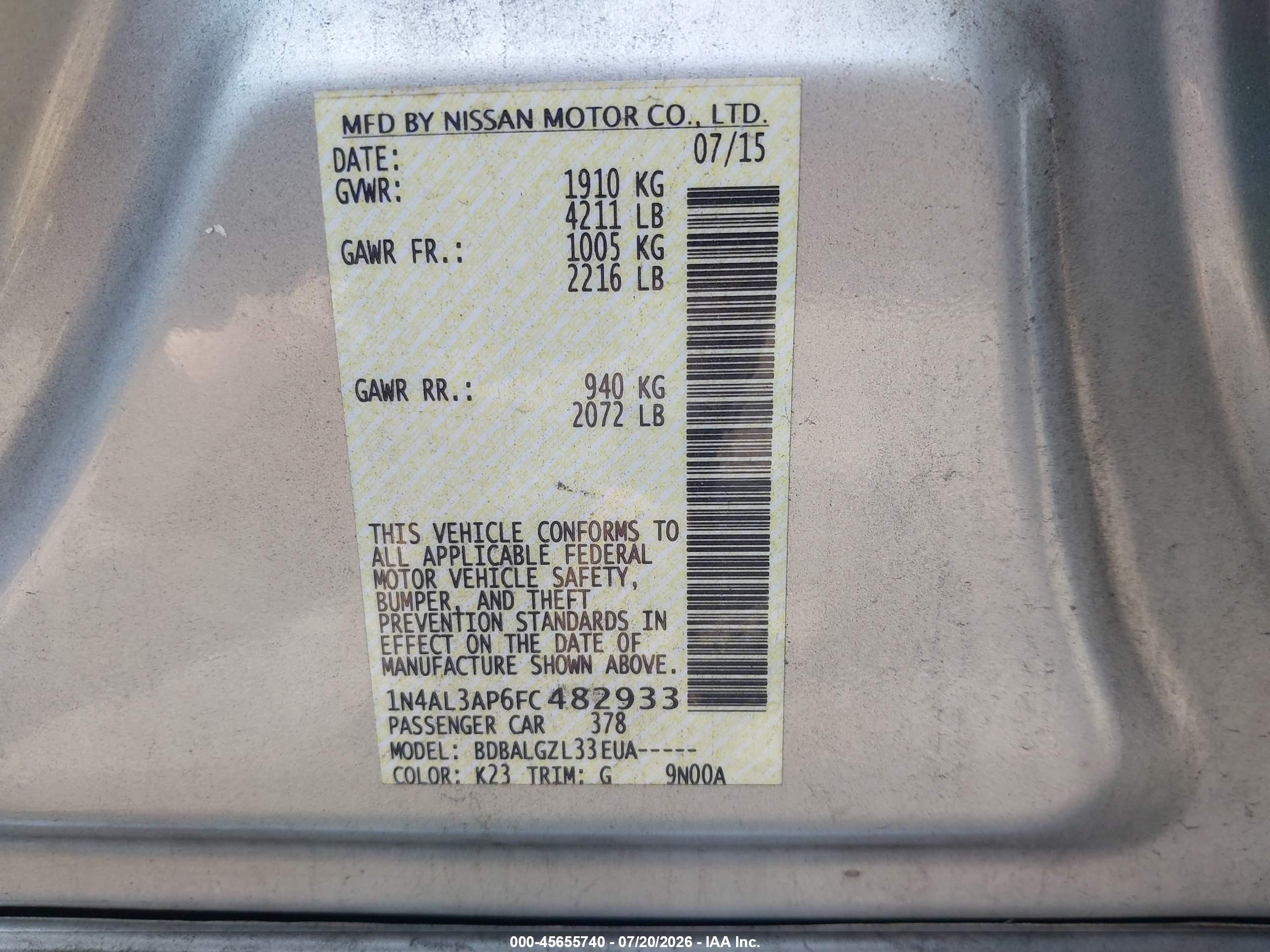 2015 Nissan Altima 2.5/2.5 S/2.5 Sl/2.5 Sv Silver vin: 1N4AL3AP6FC482933
