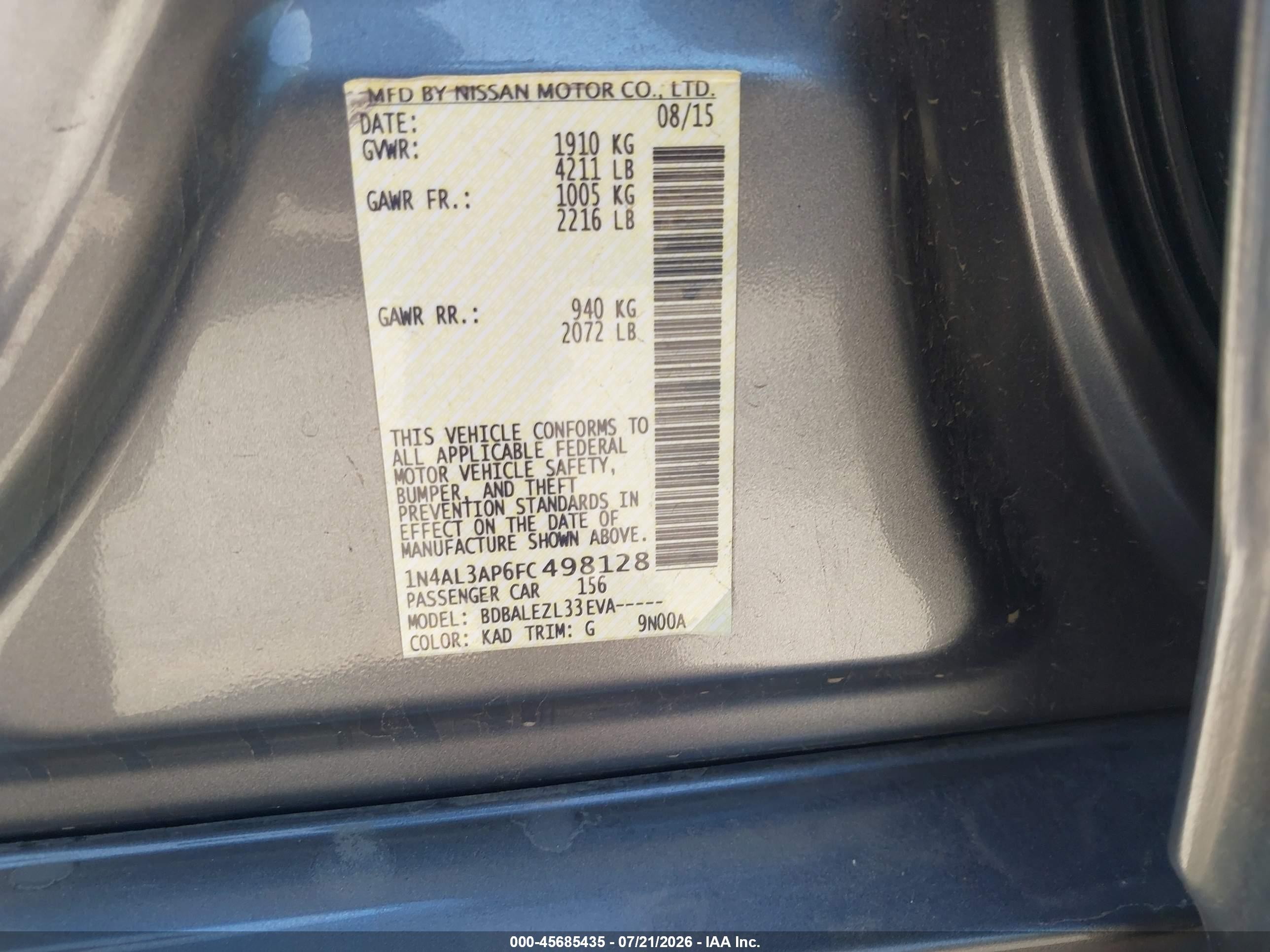 2015 Nissan Altima 2.5 S Gray vin: 1N4AL3AP6FC498128