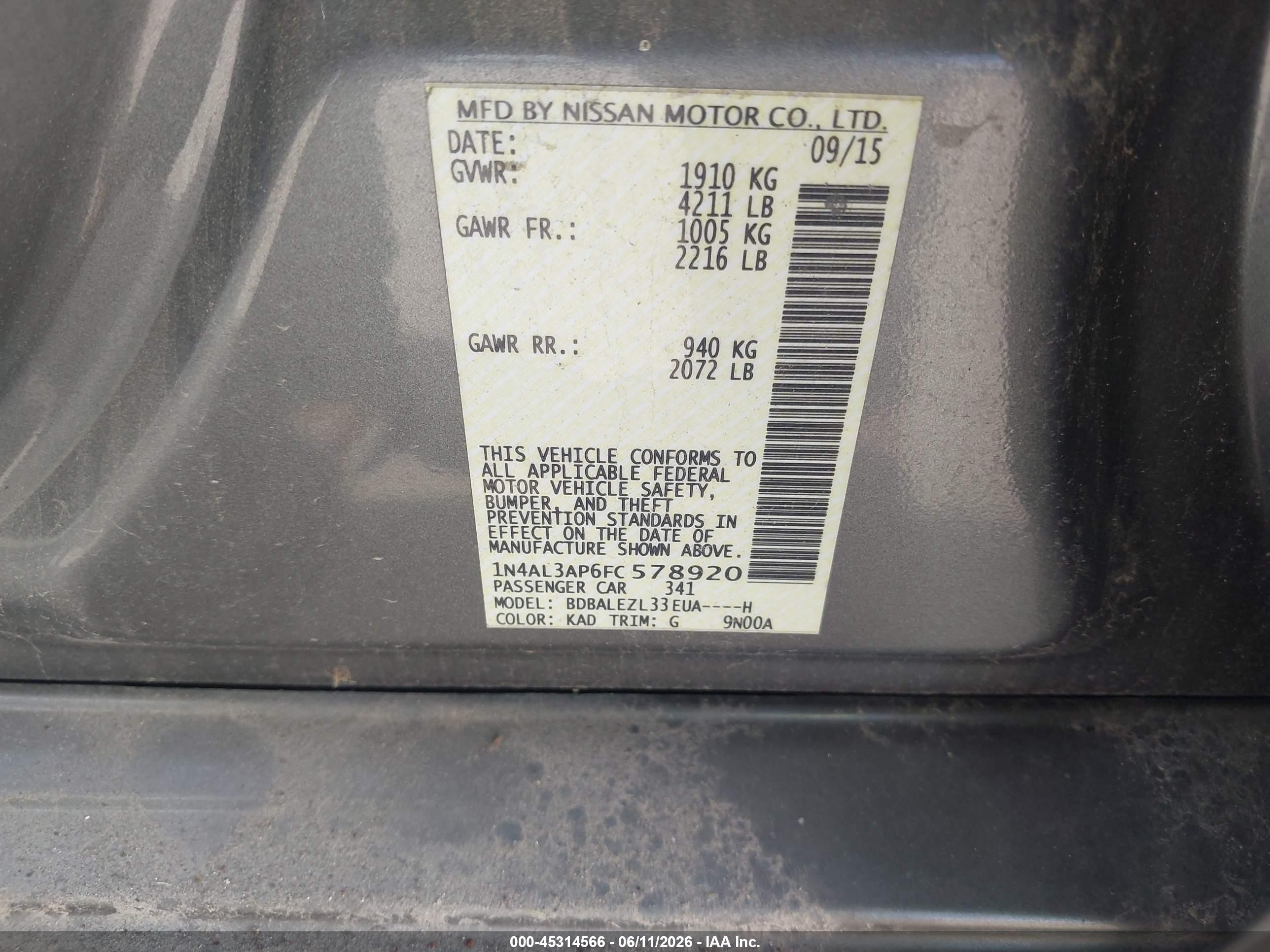 2015 Nissan Altima 2.5 S Gray vin: 1N4AL3AP6FC578920