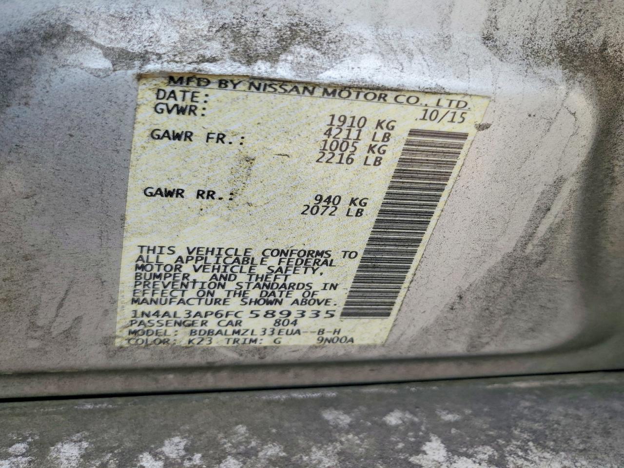 2015 Nissan Altima 2.5 Sv Silver vin: 1N4AL3AP6FC589335