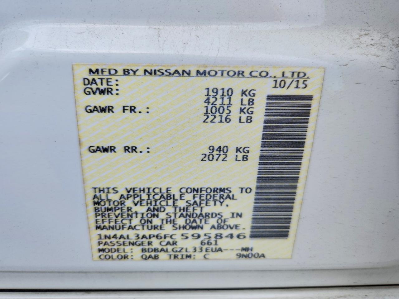 2015 Nissan Altima 2.5 S White vin: 1N4AL3AP6FC595846