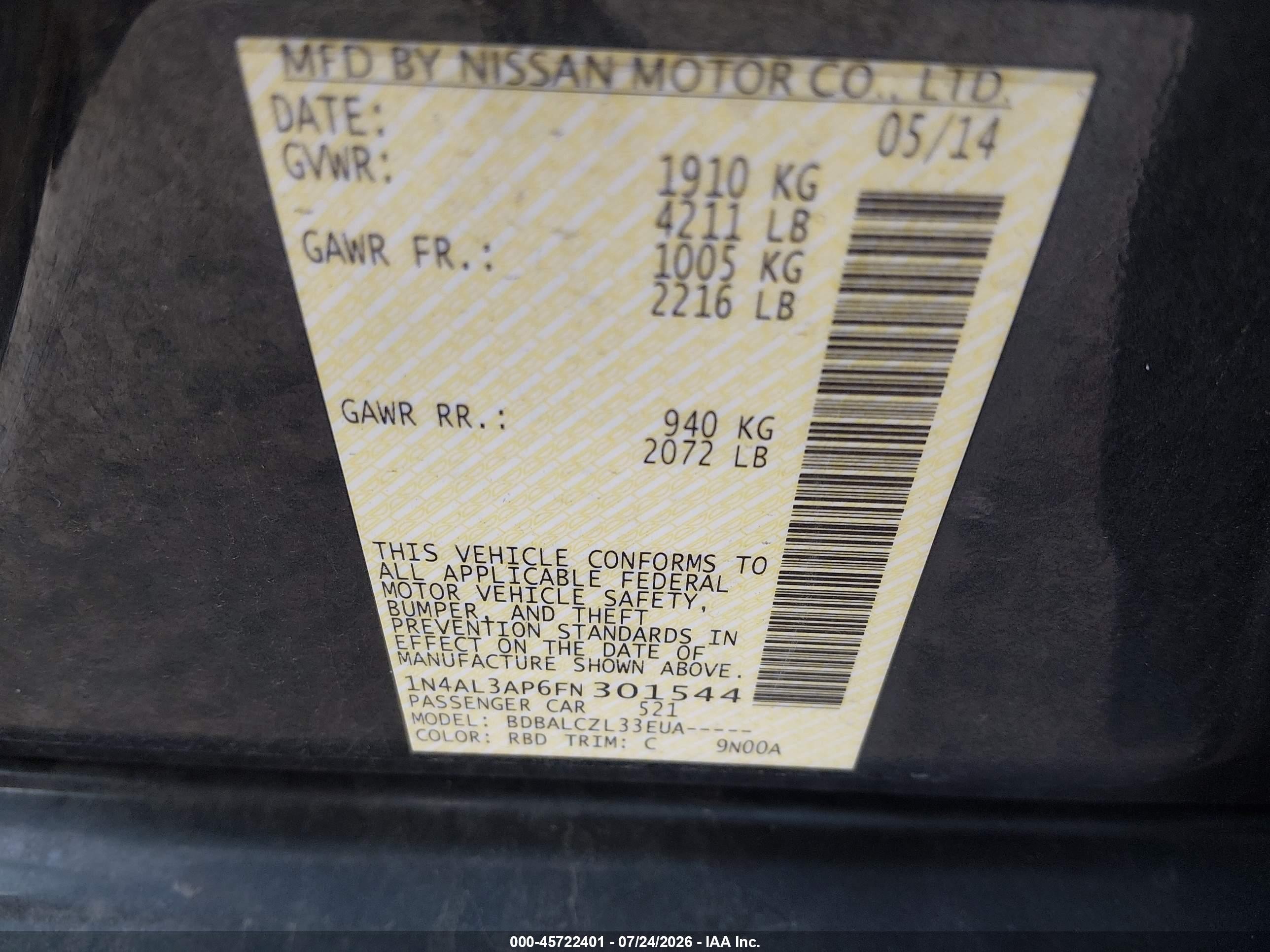 2015 Nissan Altima 2.5/2.5 S/2.5 Sl/2.5 Sv Black vin: 1N4AL3AP6FN301544