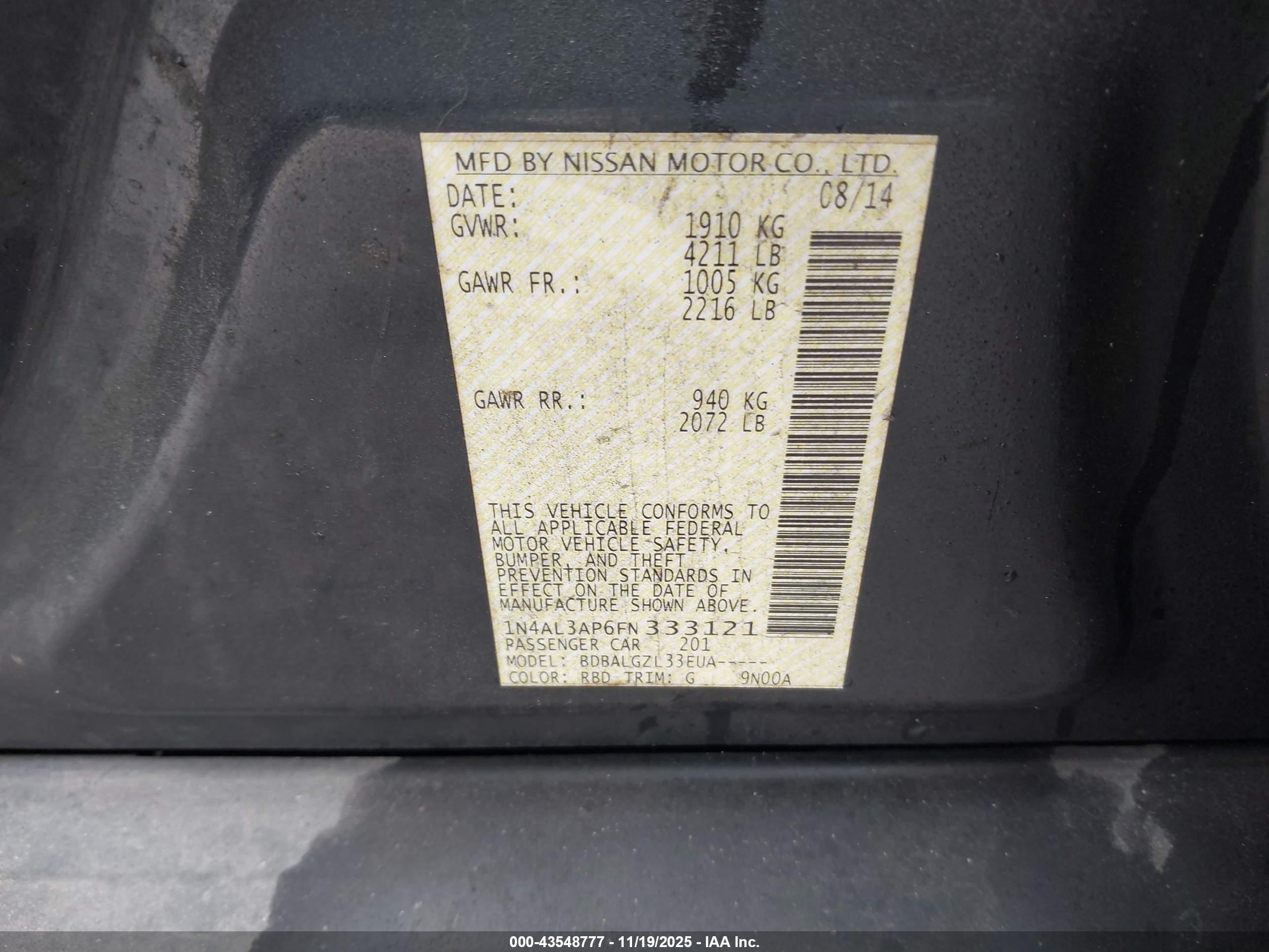 2015 Nissan Altima 2.5/2.5 S/2.5 Sl/2.5 Sv Black vin: 1N4AL3AP6FN333121