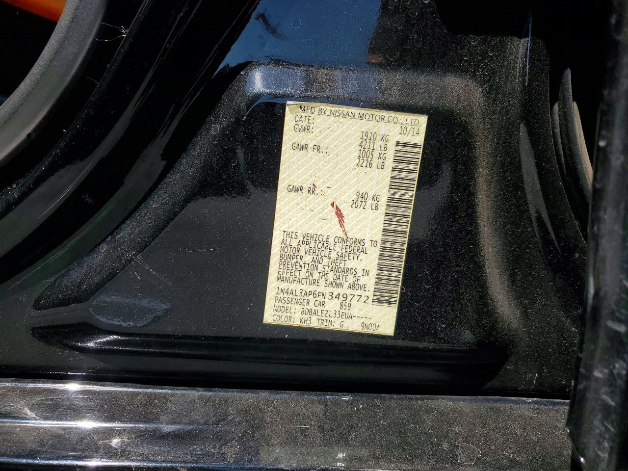 2015 Nissan Altima 2.5 S Black vin: 1N4AL3AP6FN349772