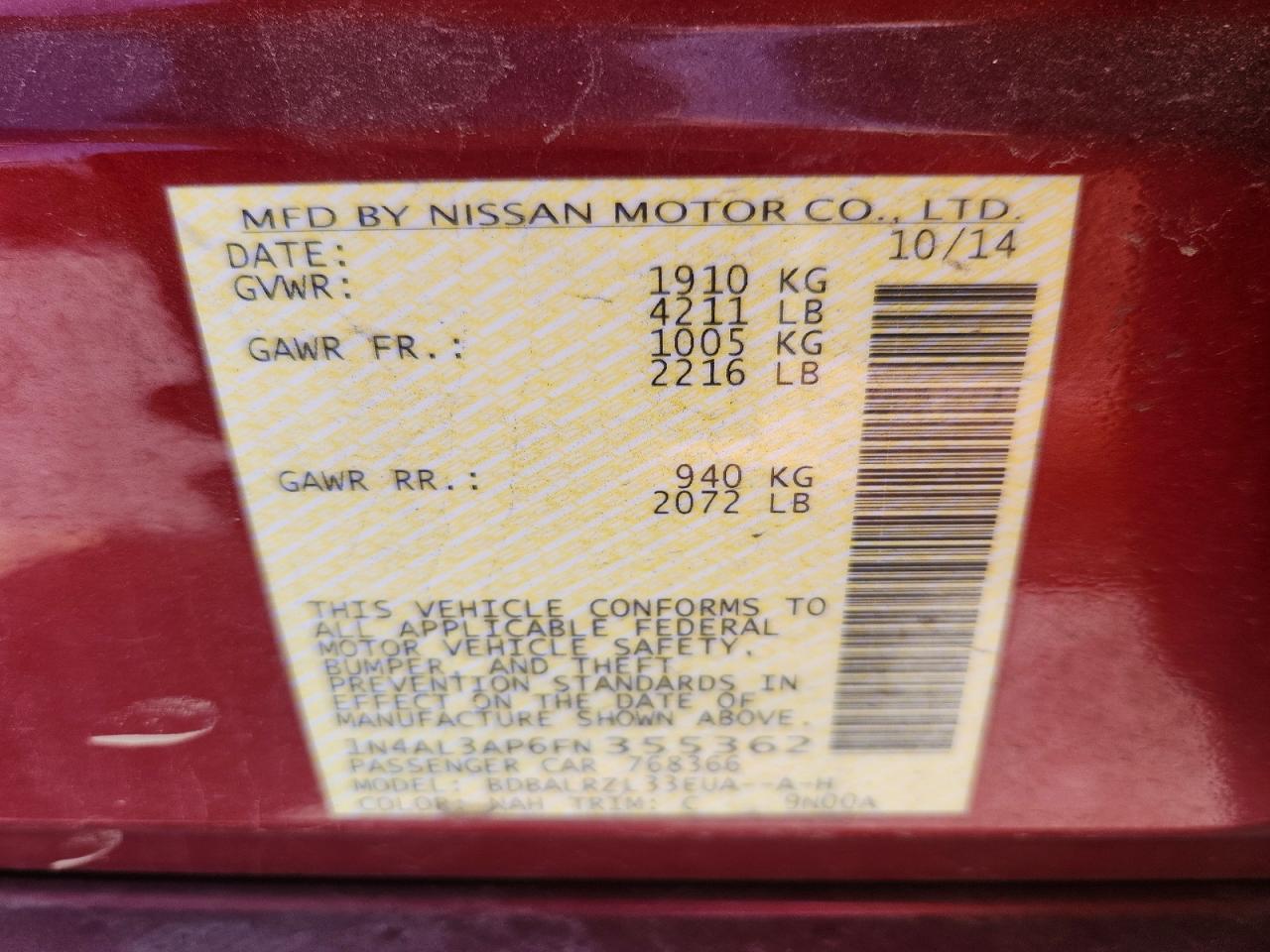 2015 Nissan Altima 2.5 Sl Red vin: 1N4AL3AP6FN355362