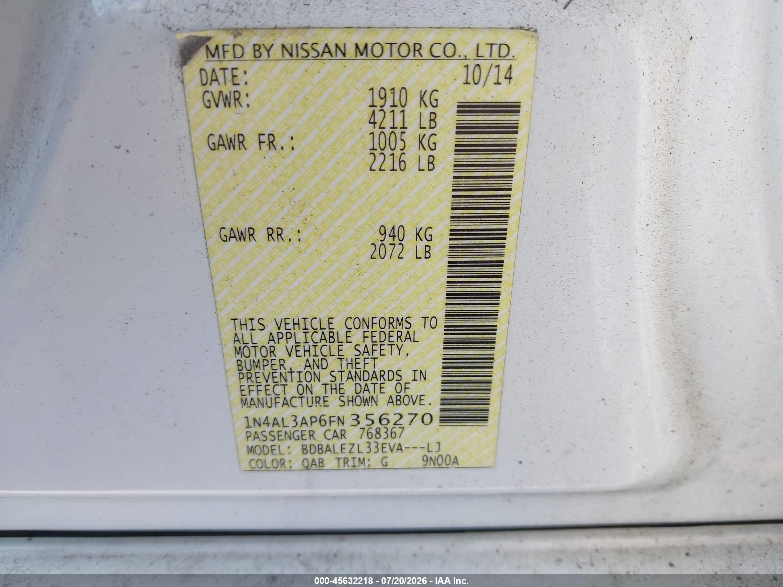 2015 Nissan Altima 2.5 S White vin: 1N4AL3AP6FN356270