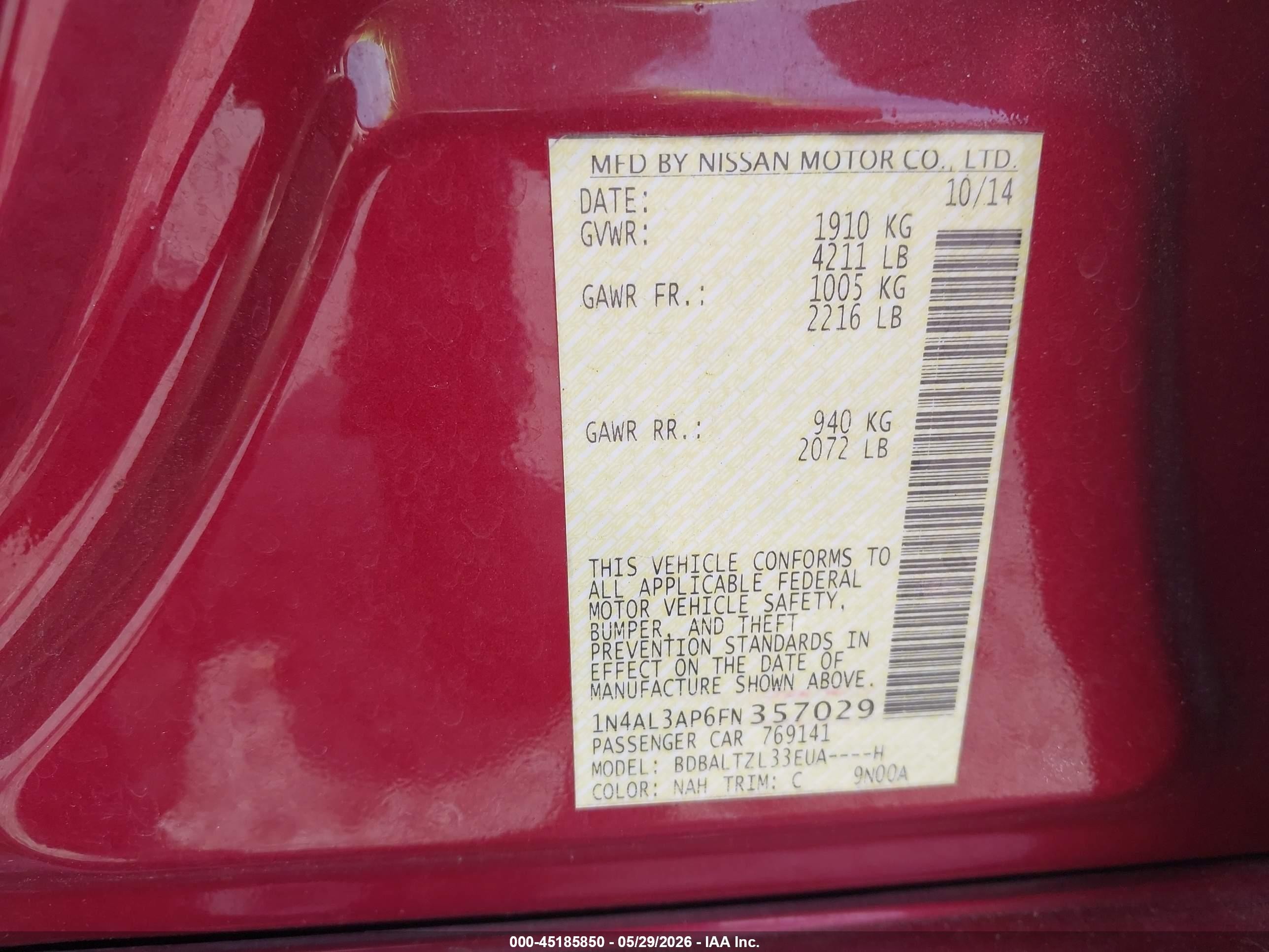 2015 Nissan Altima 2.5 Sl Red vin: 1N4AL3AP6FN357029