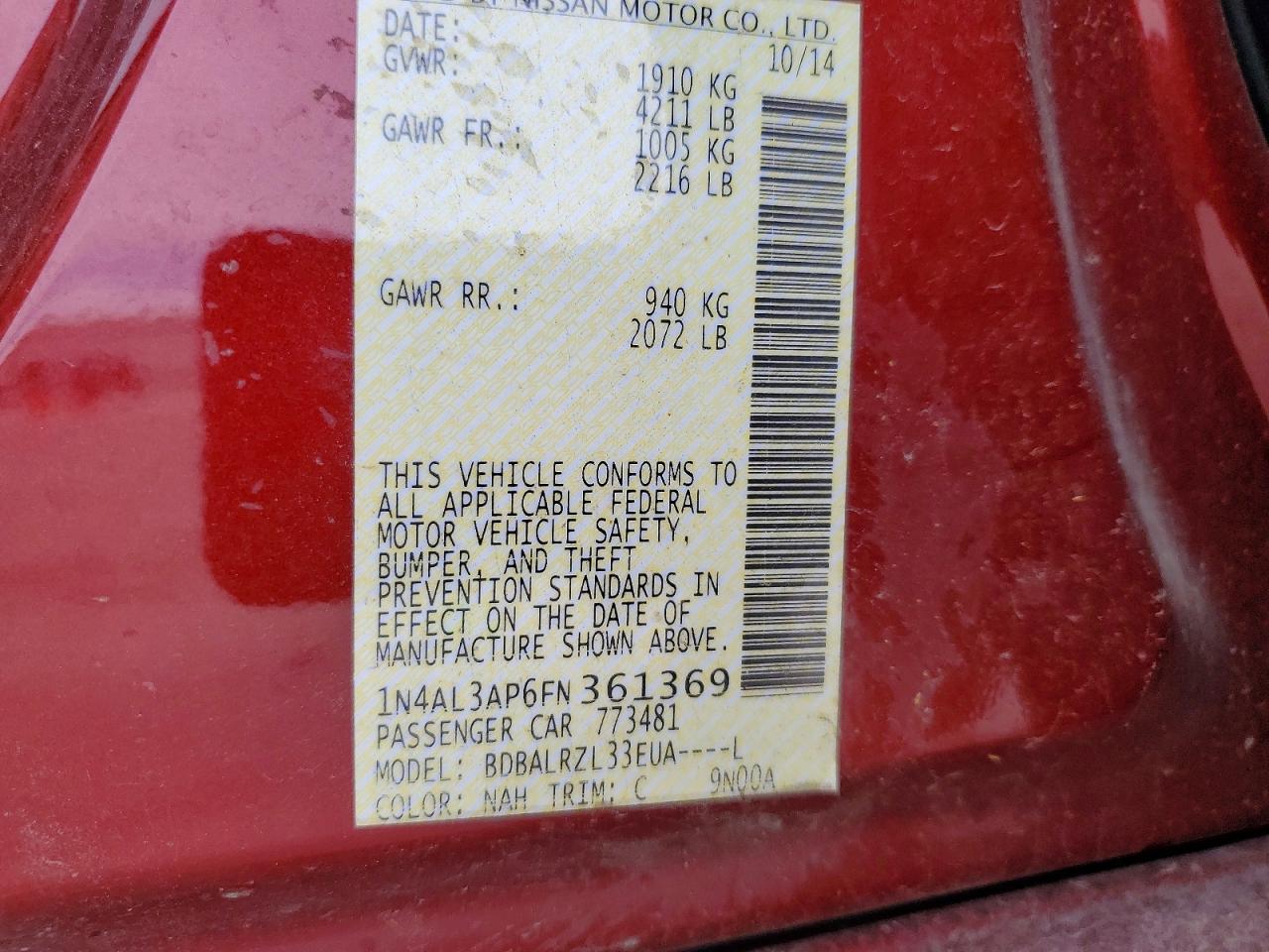 2015 Nissan Altima 2.5 Sl Maroon vin: 1N4AL3AP6FN361369