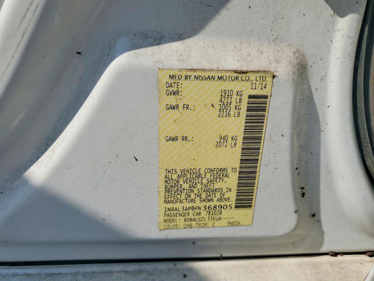 2015 Nissan Altima 2.5 S White vin: 1N4AL3AP6FN368905