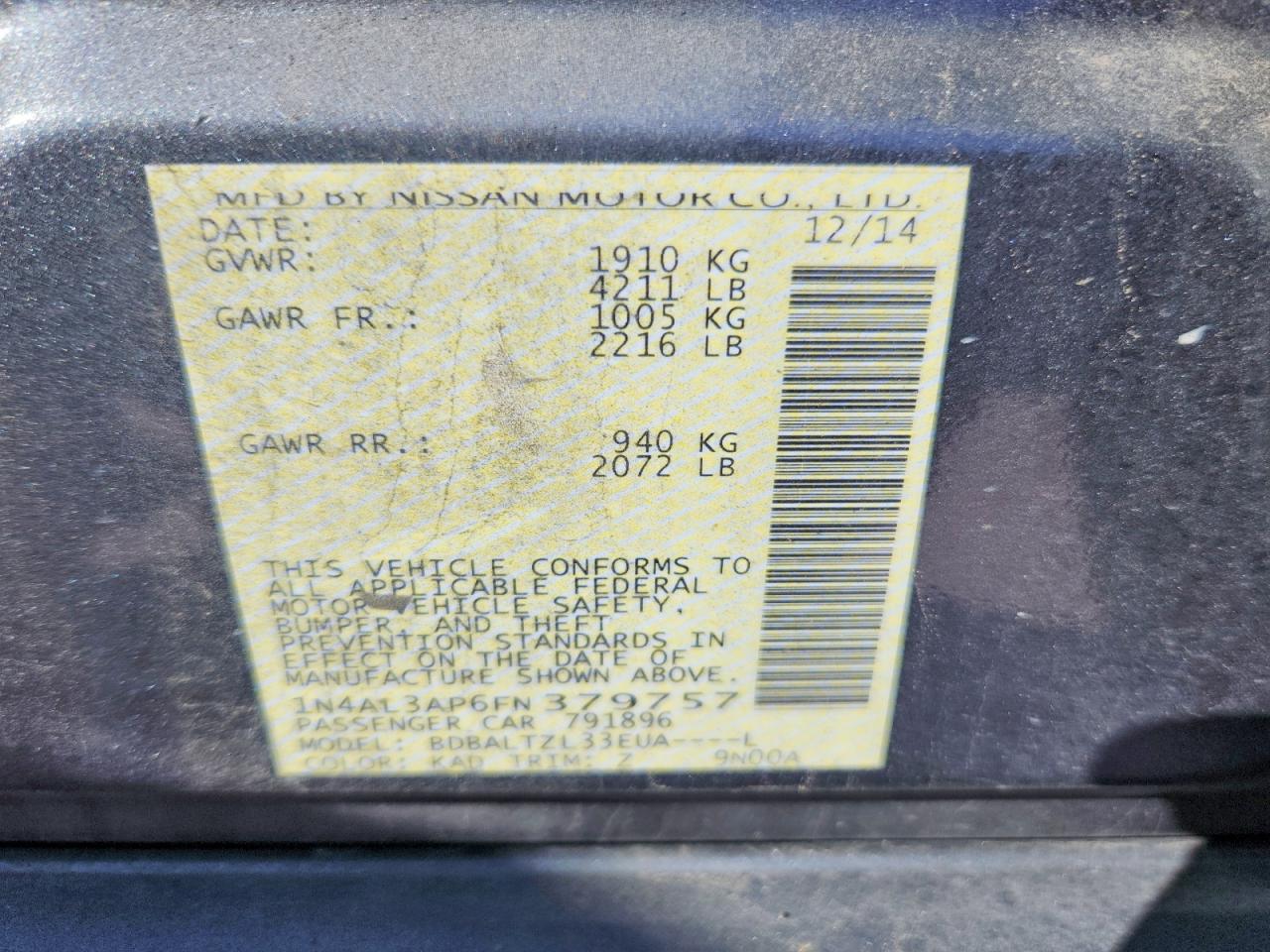 2015 Nissan Altima 2.5 Sl Gray vin: 1N4AL3AP6FN379757