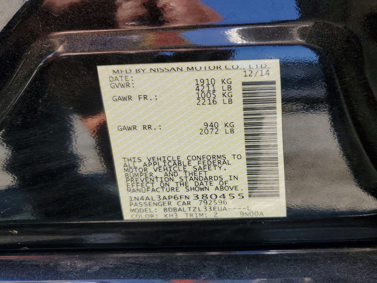 2015 Nissan Altima 2.5 Sl Black vin: 1N4AL3AP6FN380455