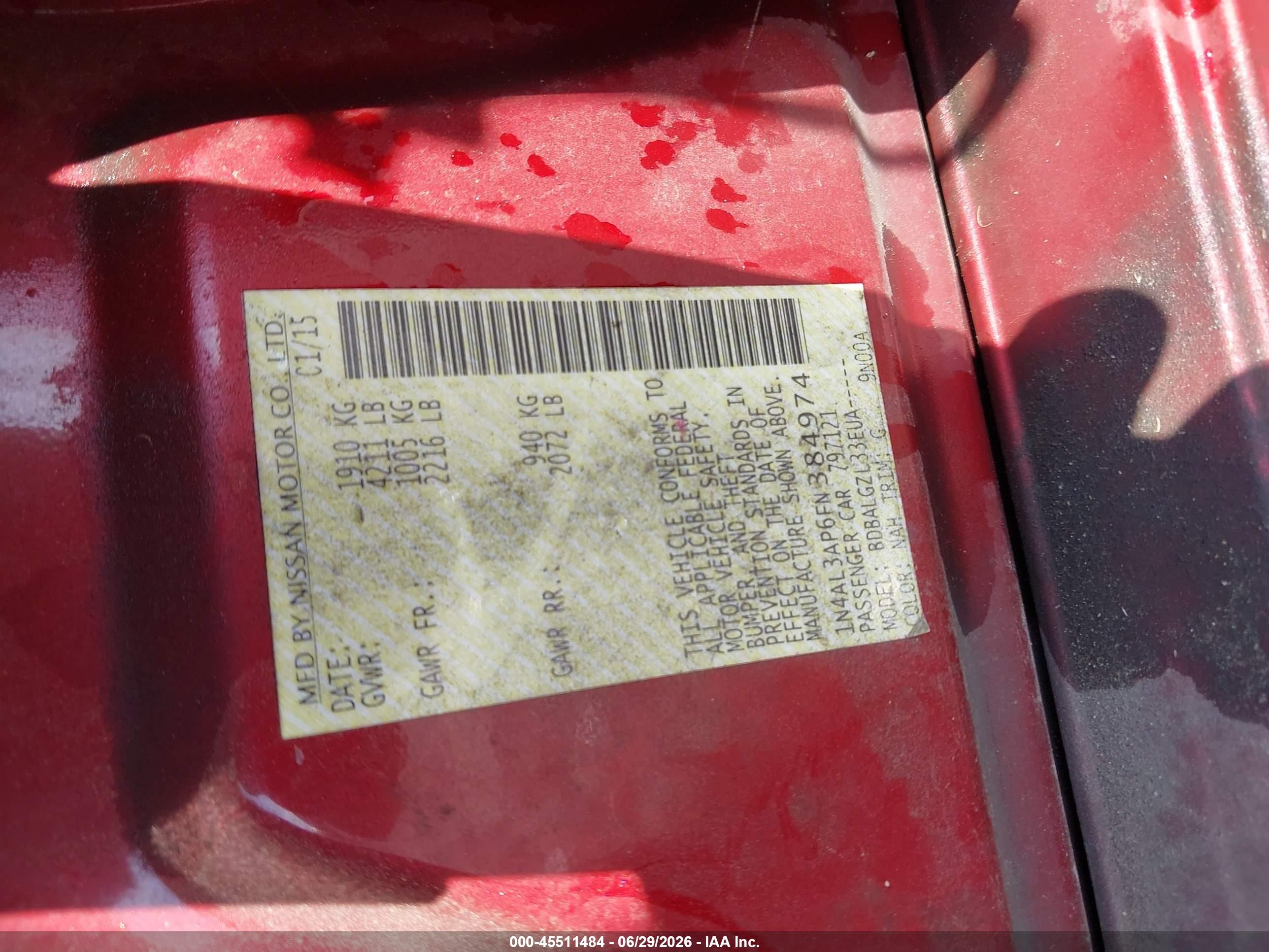 2015 Nissan Altima 2.5/2.5 S/2.5 Sl/2.5 Sv Red vin: 1N4AL3AP6FN384974