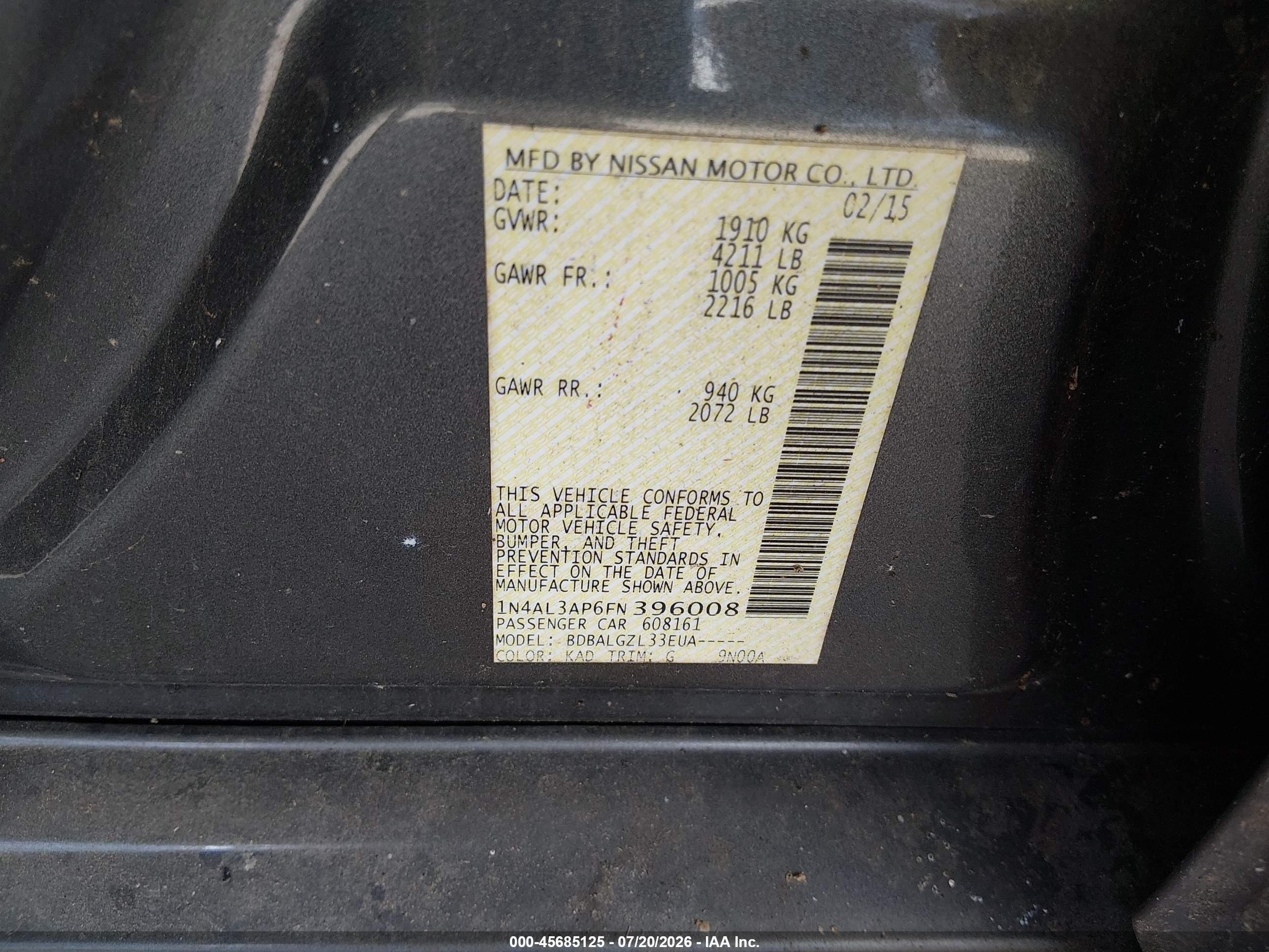 2015 Nissan Altima   Gray vin: 1N4AL3AP6FN396008