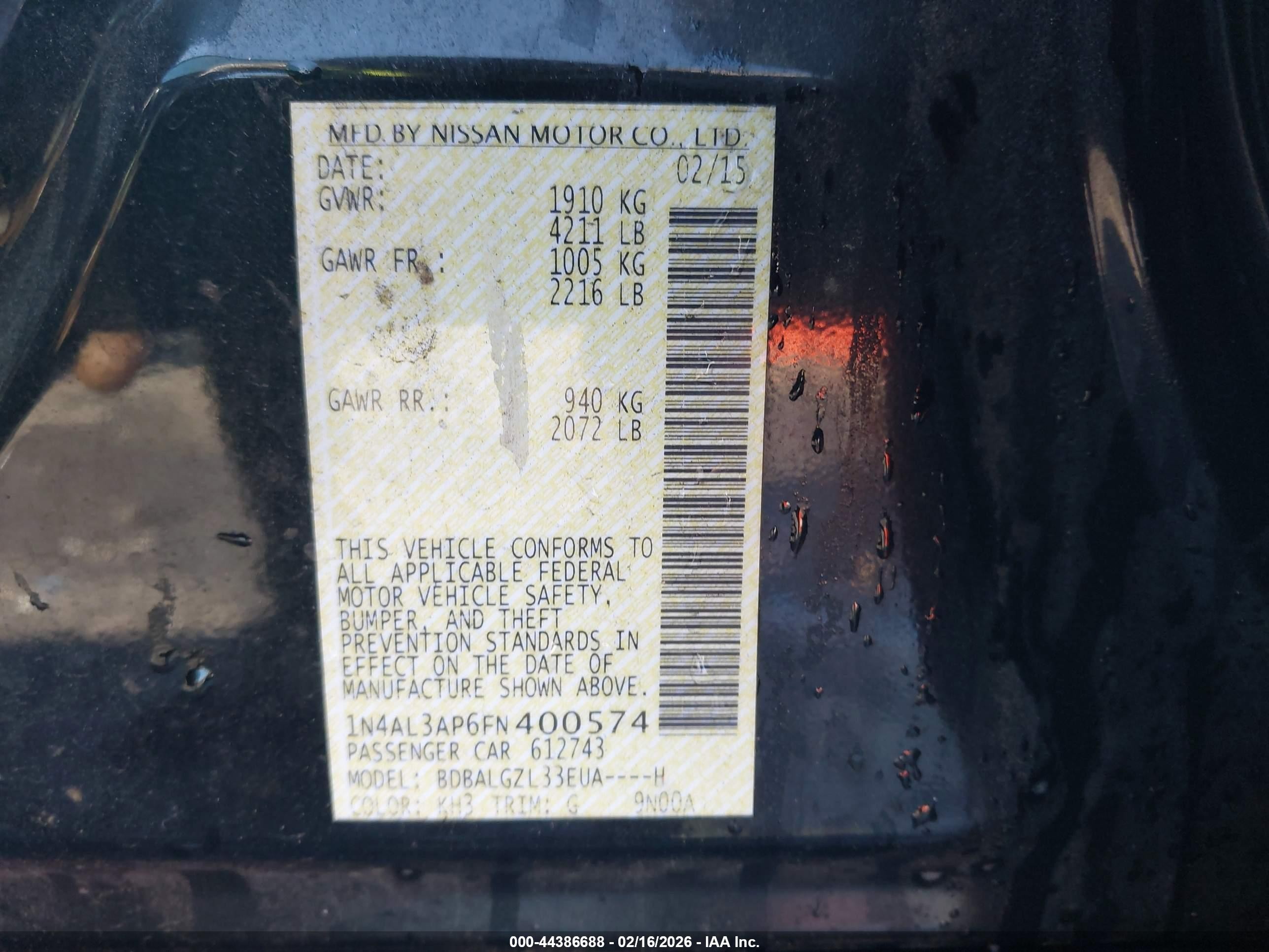 2015 Nissan Altima 2.5 S Black vin: 1N4AL3AP6FN400574
