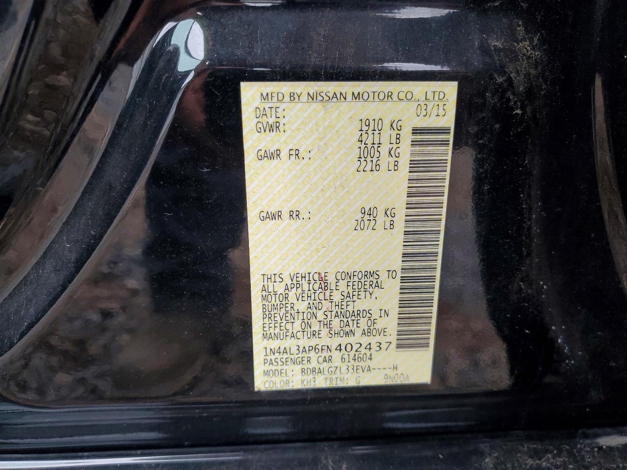 2015 Nissan Altima 2.5 S Black vin: 1N4AL3AP6FN402437