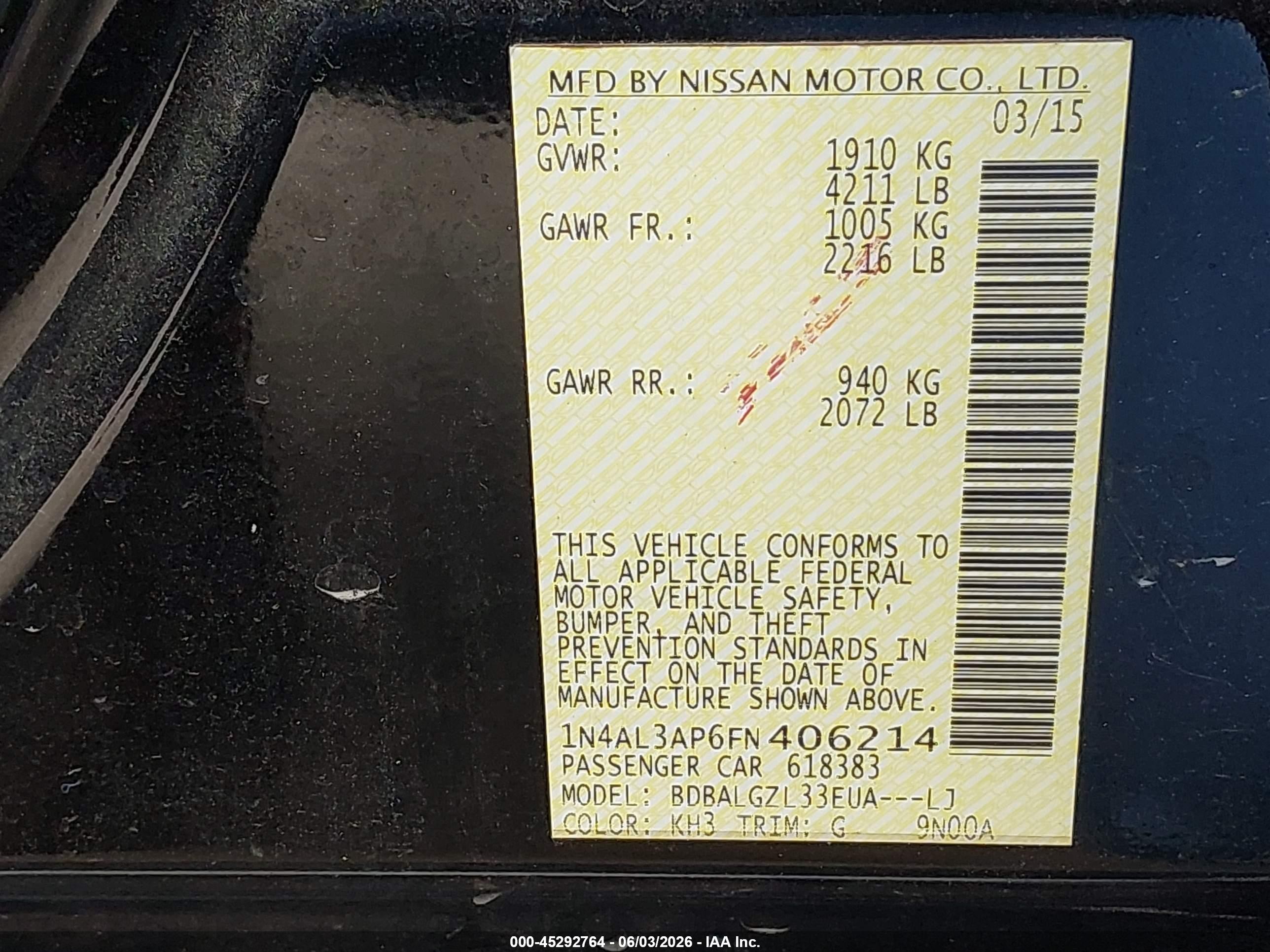 2015 Nissan Altima 2.5 S Black vin: 1N4AL3AP6FN406214