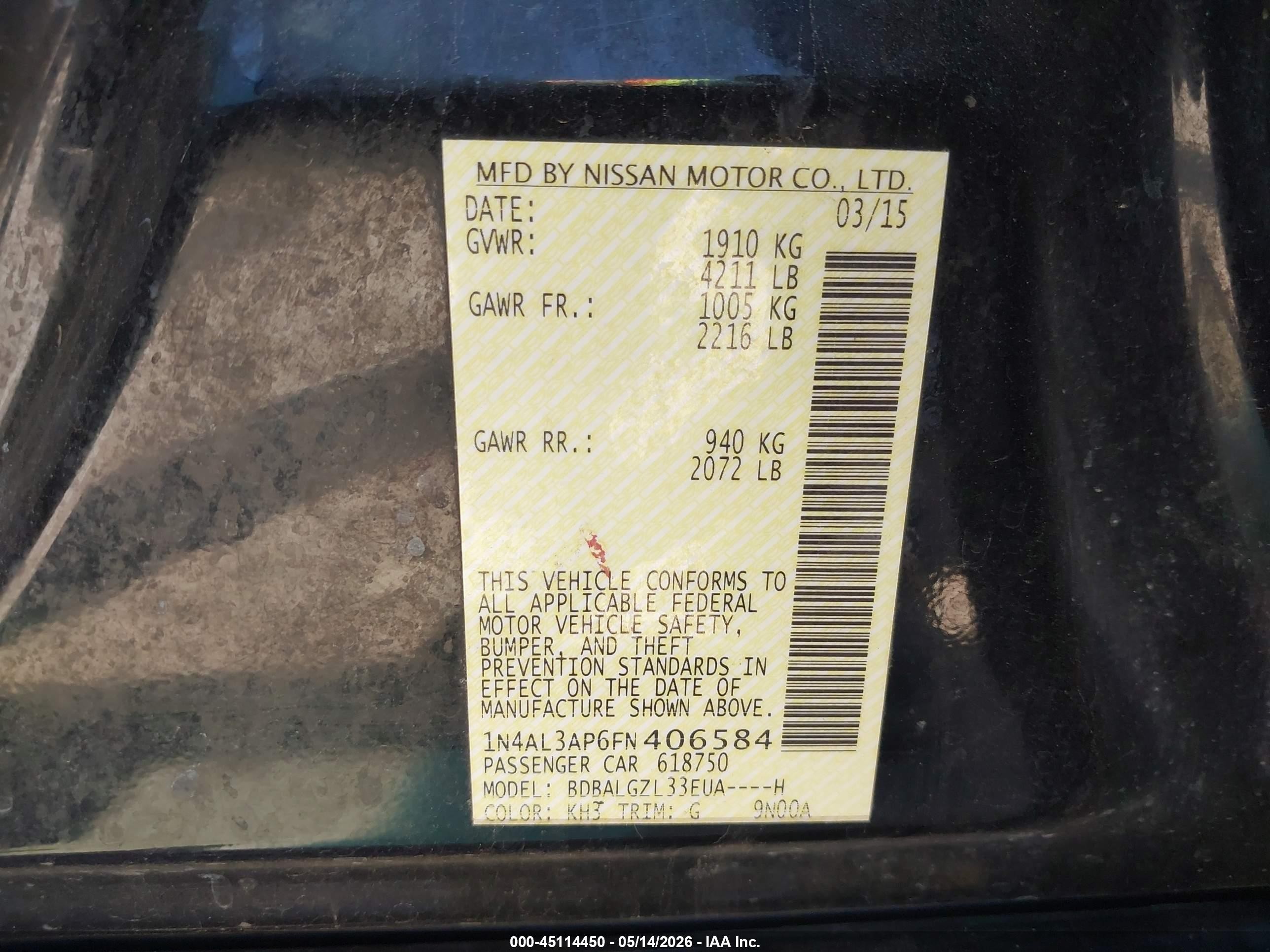 2015 Nissan Altima 2.5 S Black vin: 1N4AL3AP6FN406584