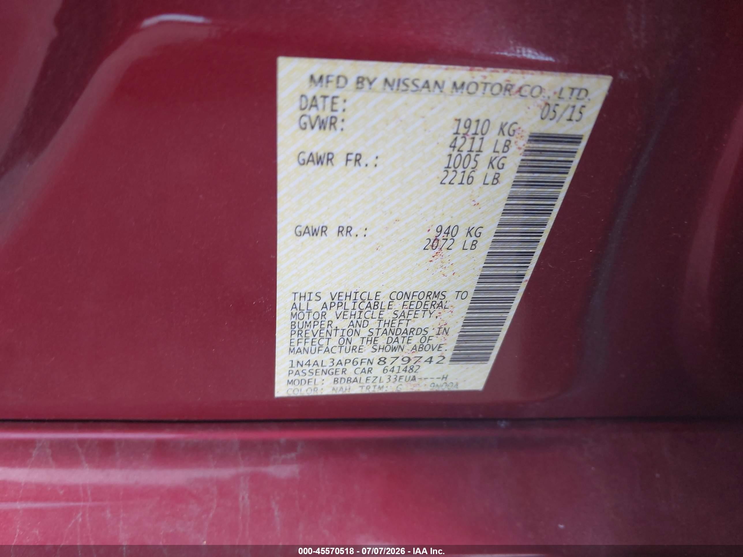 2015 Nissan Altima 2.5 S Красный vin: 1N4AL3AP6FN879742