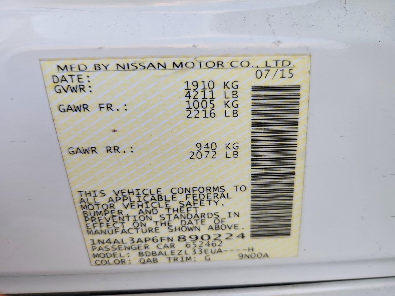 2015 Nissan Altima 2.5 S White vin: 1N4AL3AP6FN890224