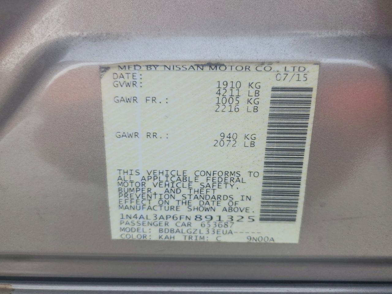 2015 Nissan Altima 2.5 S Gold vin: 1N4AL3AP6FN891325