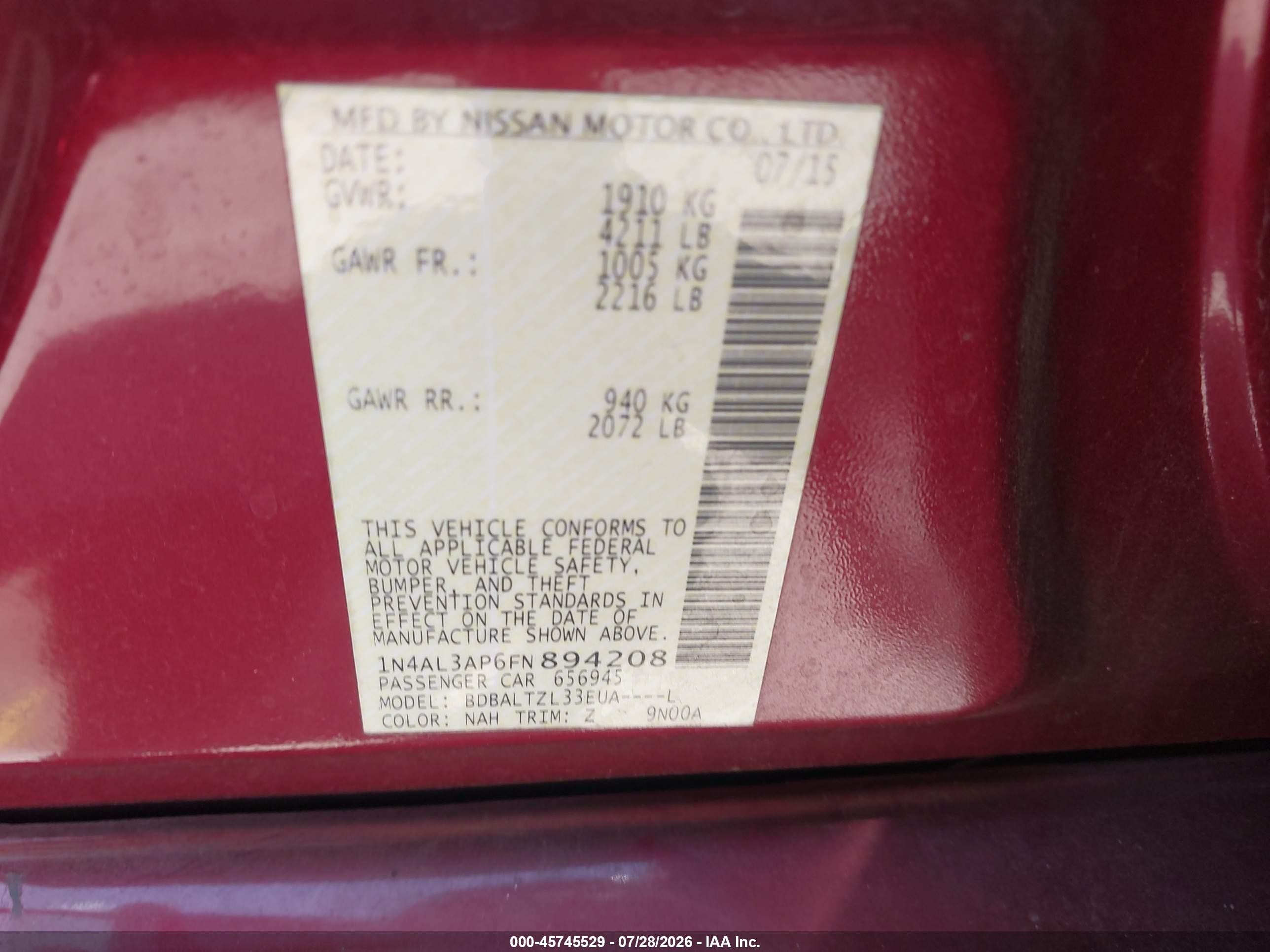 2015 Nissan Altima 2.5 Sl Red vin: 1N4AL3AP6FN894208