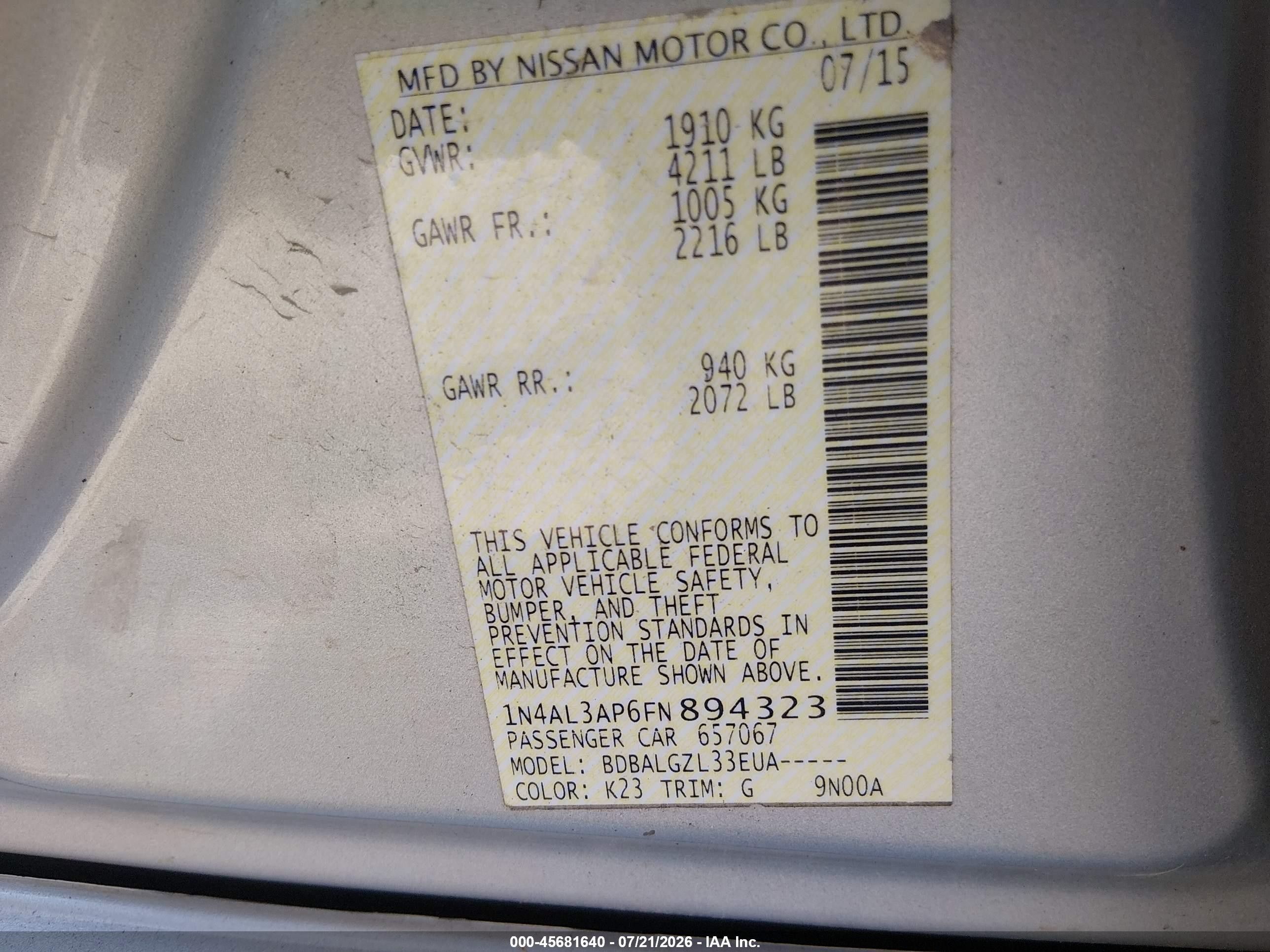 2015 Nissan Altima 2.5/2.5 S/2.5 Sl/2.5 Sv Silver vin: 1N4AL3AP6FN894323