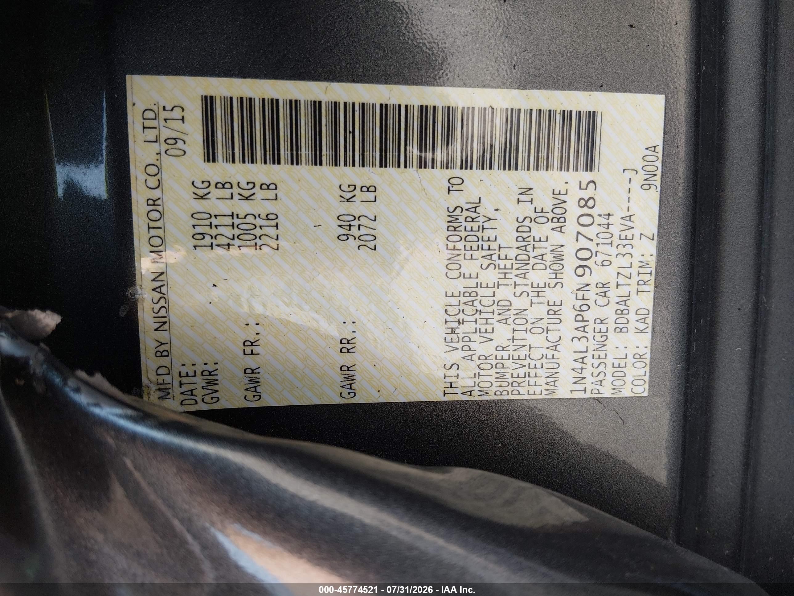 2015 Nissan Altima 2.5 Sl Gray vin: 1N4AL3AP6FN907085