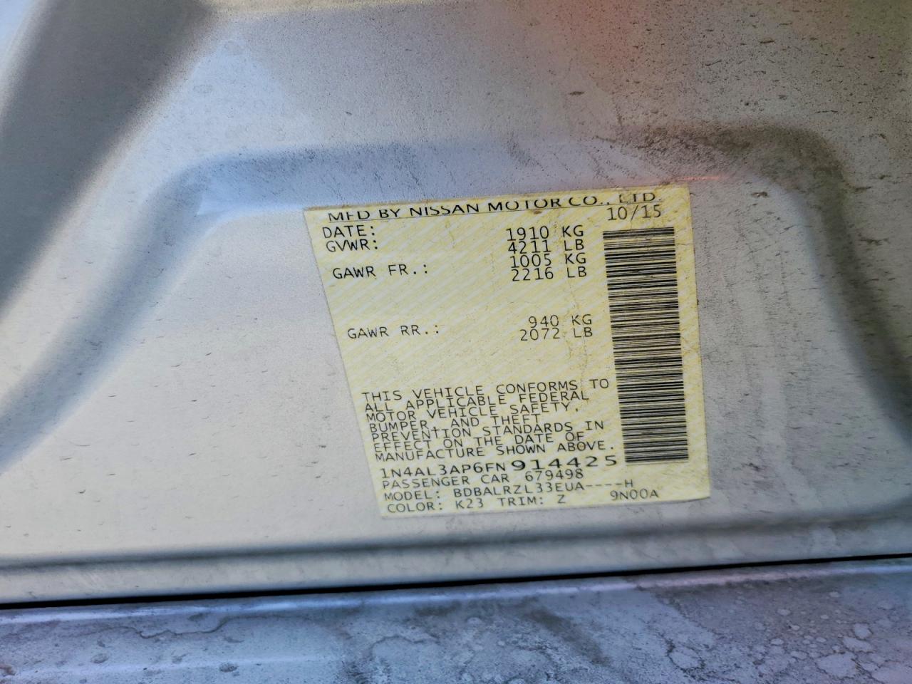 2015 Nissan Altima 2.5 Silver vin: 1N4AL3AP6FN914425
