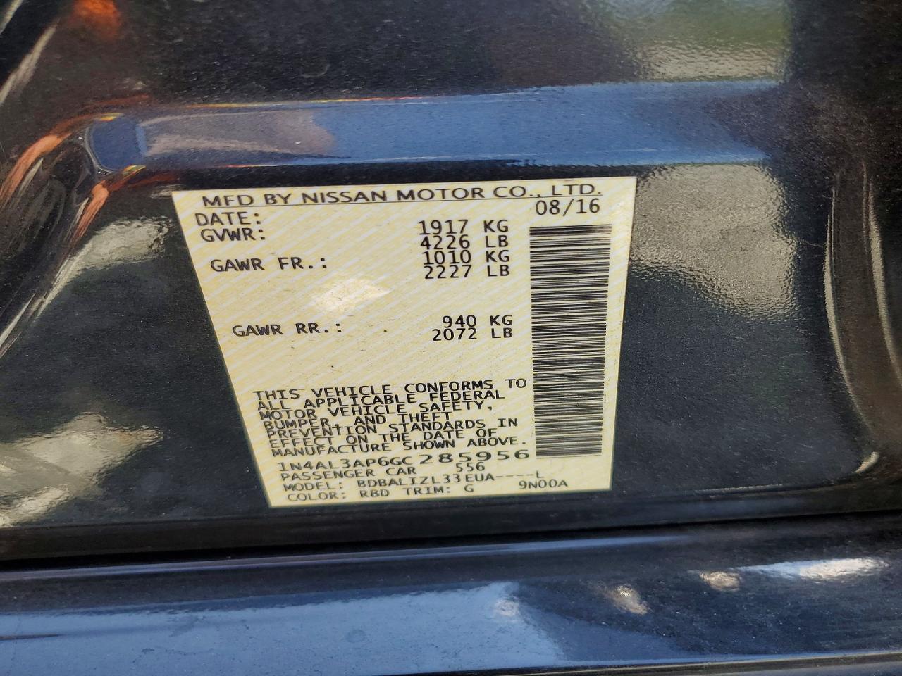 2016 Nissan Altima 2.5 Sv Black vin: 1N4AL3AP6GC285956