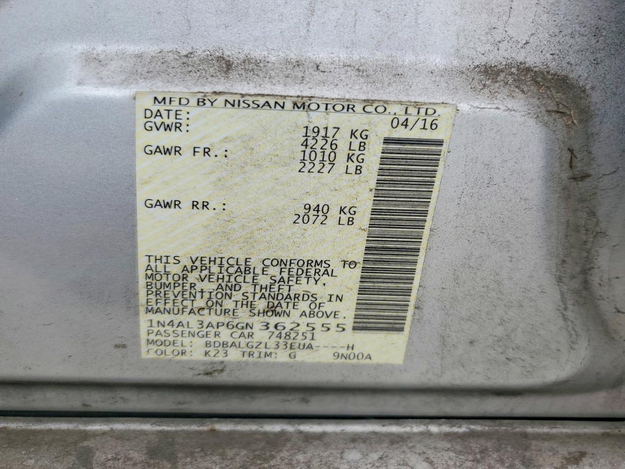 2016 Nissan Altima Silver vin: 1N4AL3AP6GN362555