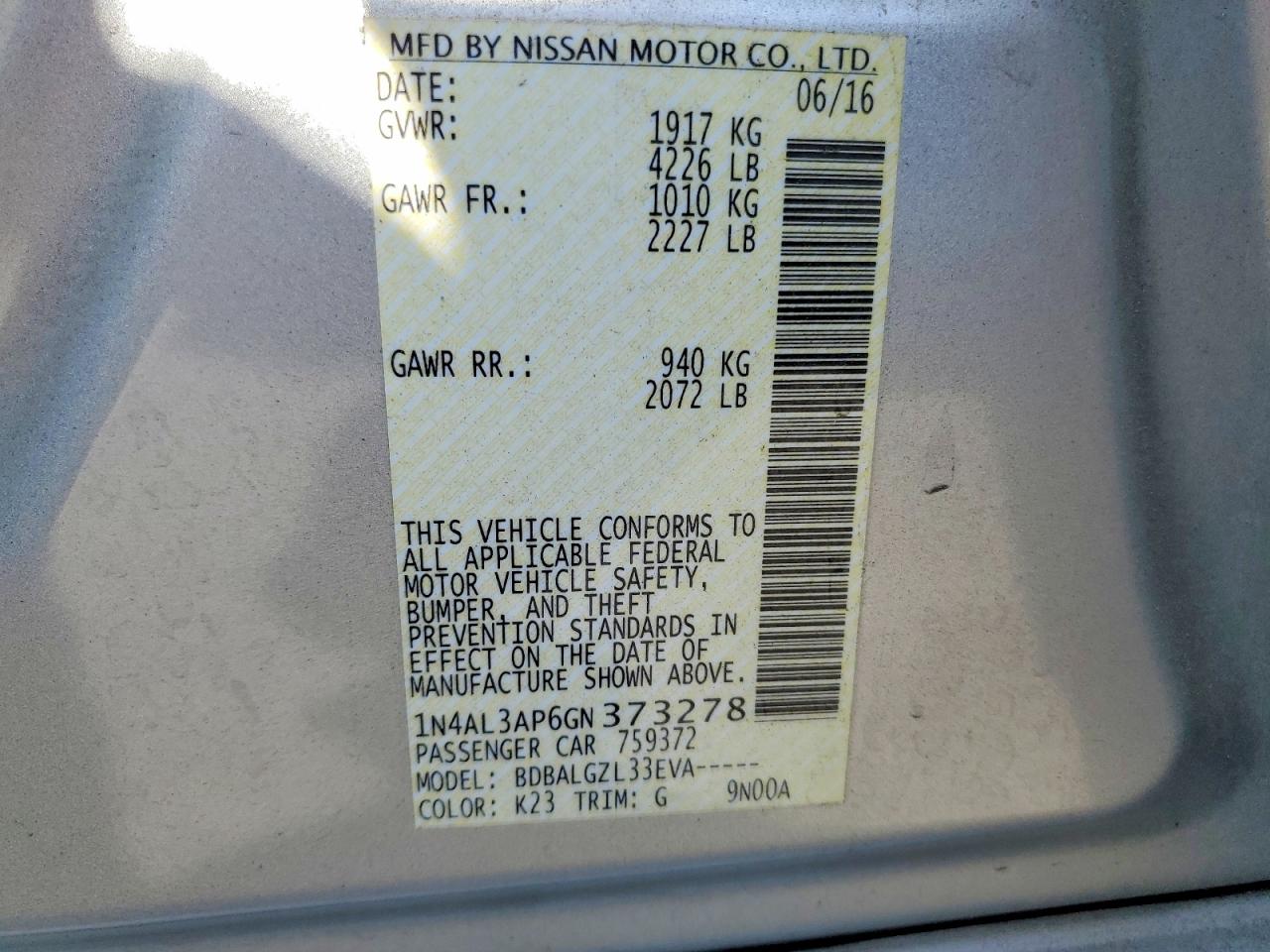 2016 Niss Altima Silver vin: 1N4AL3AP6GN373278