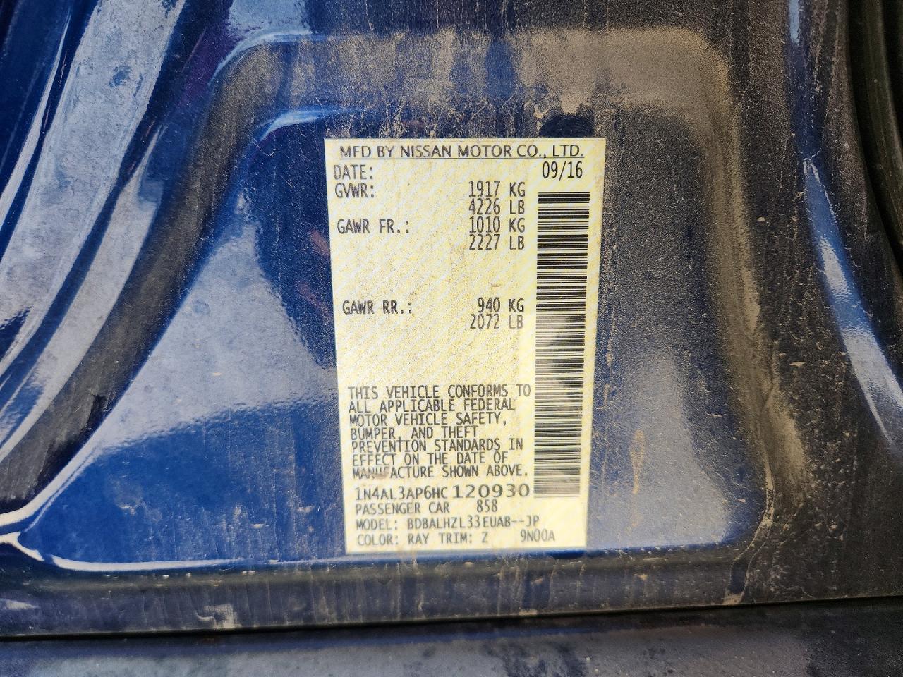 2017 Nissan Altima 2.5 Sr Blue vin: 1N4AL3AP6HC120930