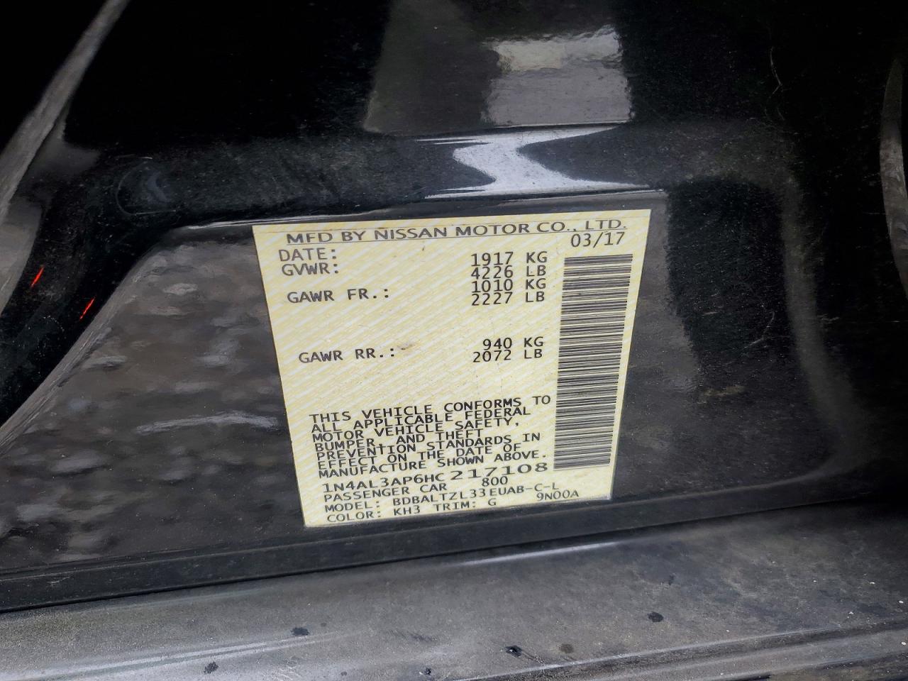 2017 Nissan Altima 2.5 Sl Black vin: 1N4AL3AP6HC217108