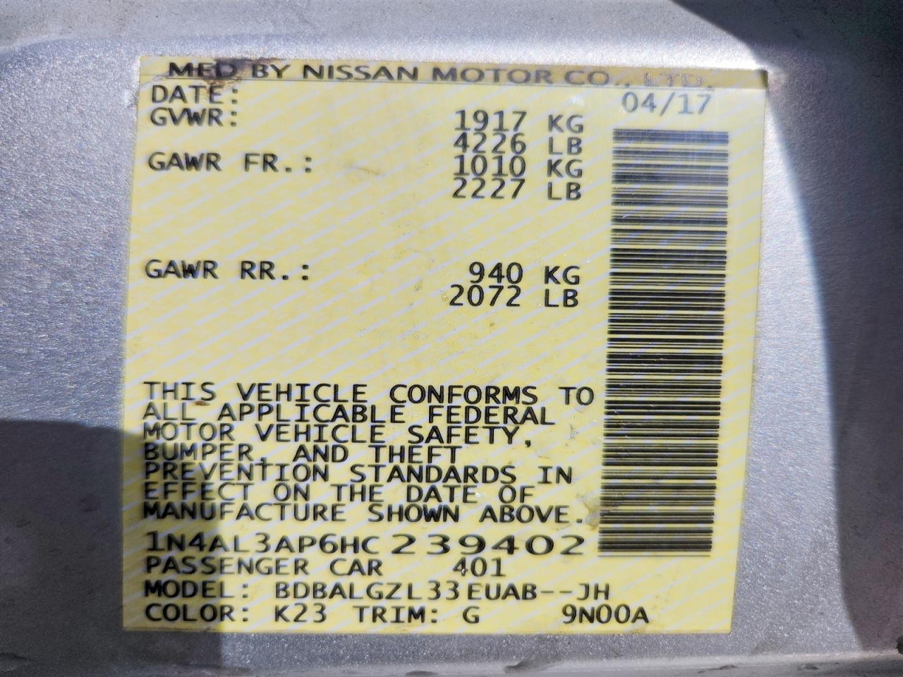 2017 Nissan Altima 2.5 S Silver vin: 1N4AL3AP6HC239402