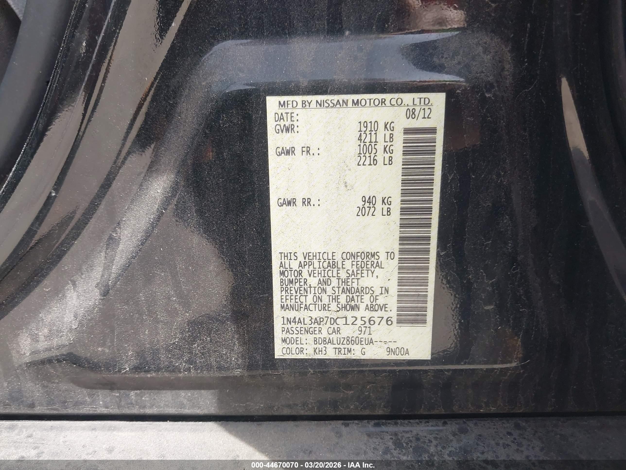 2013 Nissan Altima 2.5 Sv Black vin: 1N4AL3AP7DC125676
