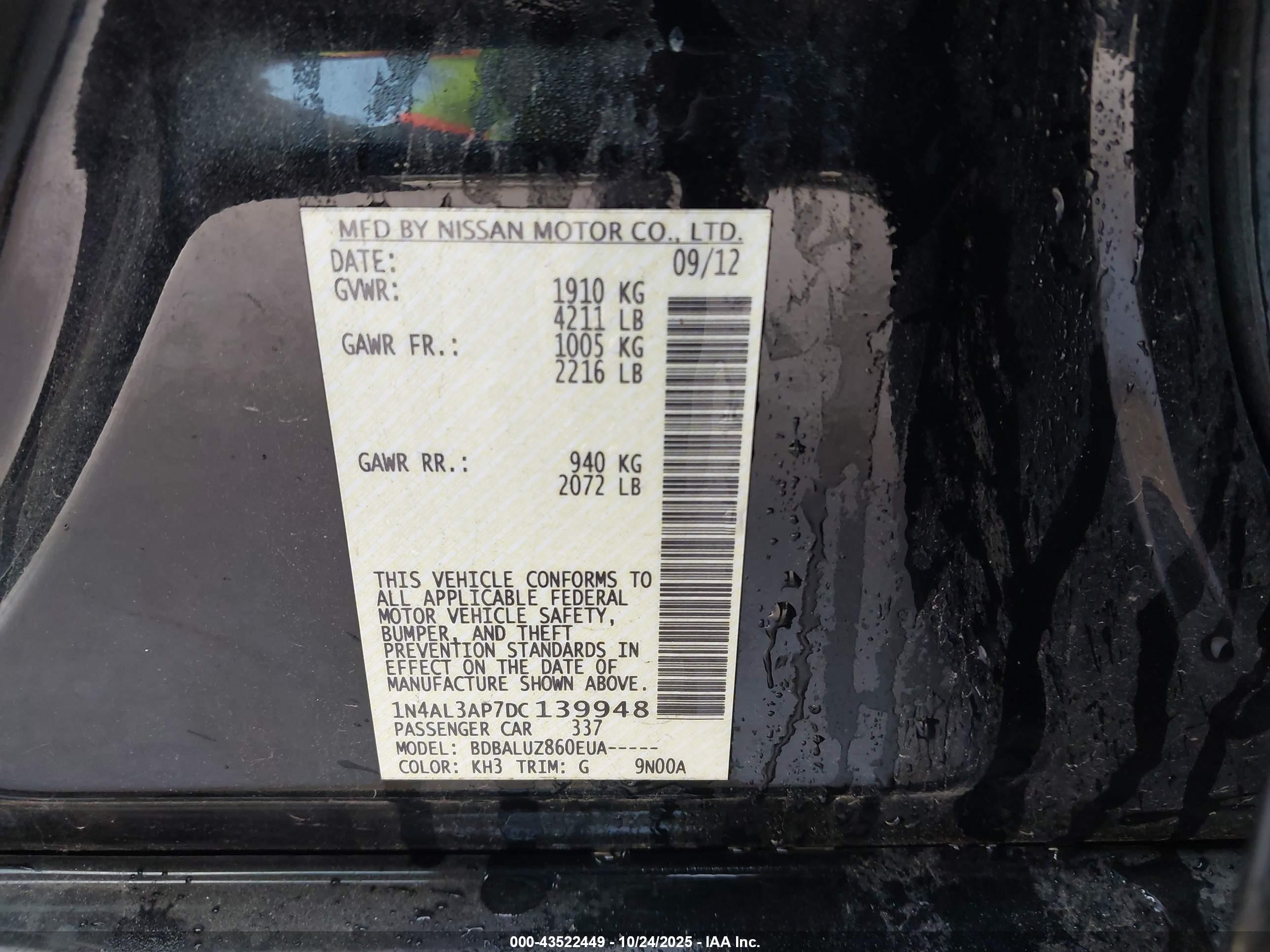 2013 Nissan Altima 2.5 Sv Black vin: 1N4AL3AP7DC139948