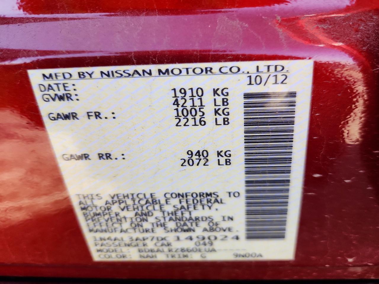 2013 Nissan Altima 2.5 Red vin: 1N4AL3AP7DC149024