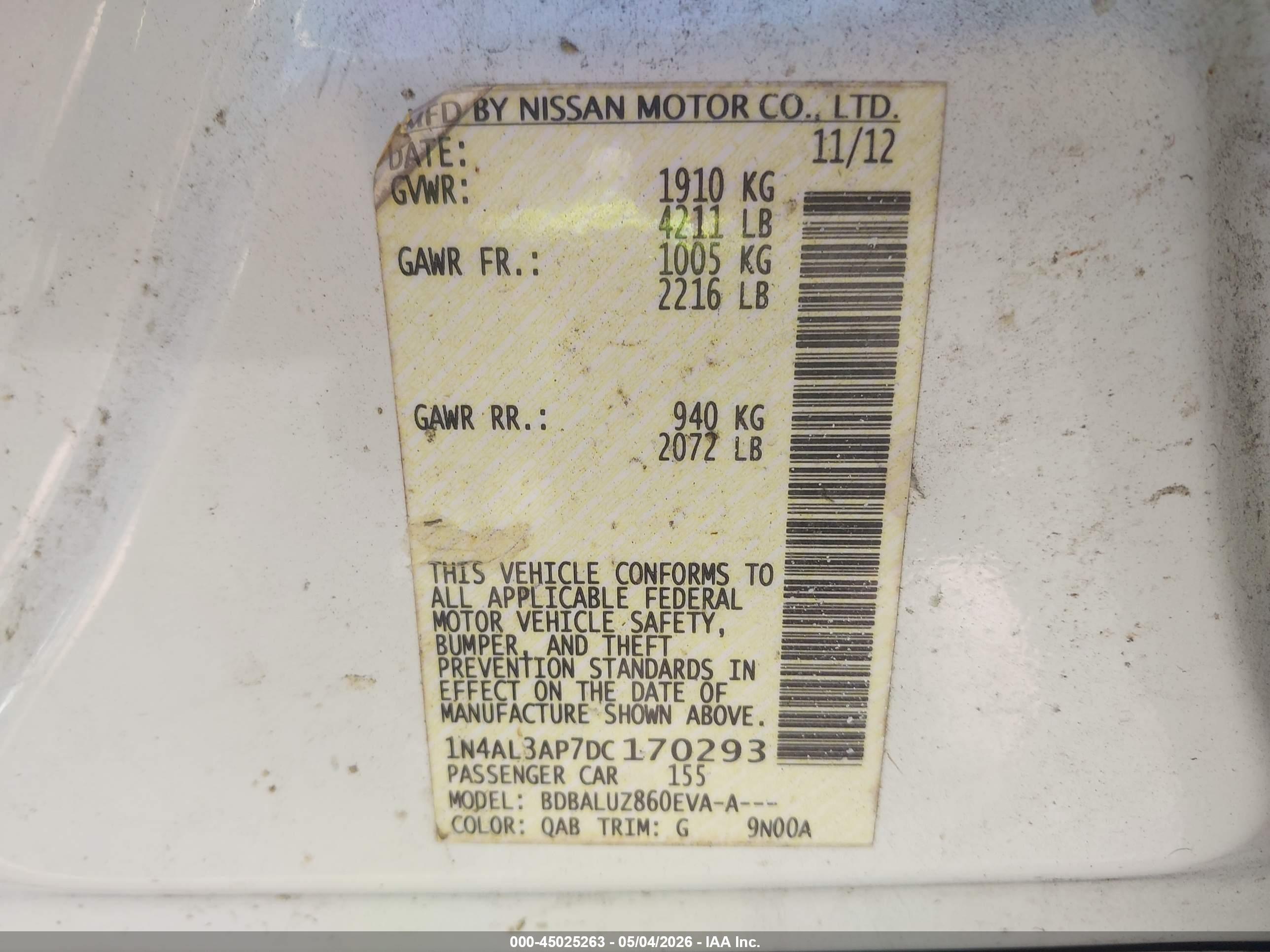 2013 Nissan Altima 2.5 Sv White vin: 1N4AL3AP7DC170293