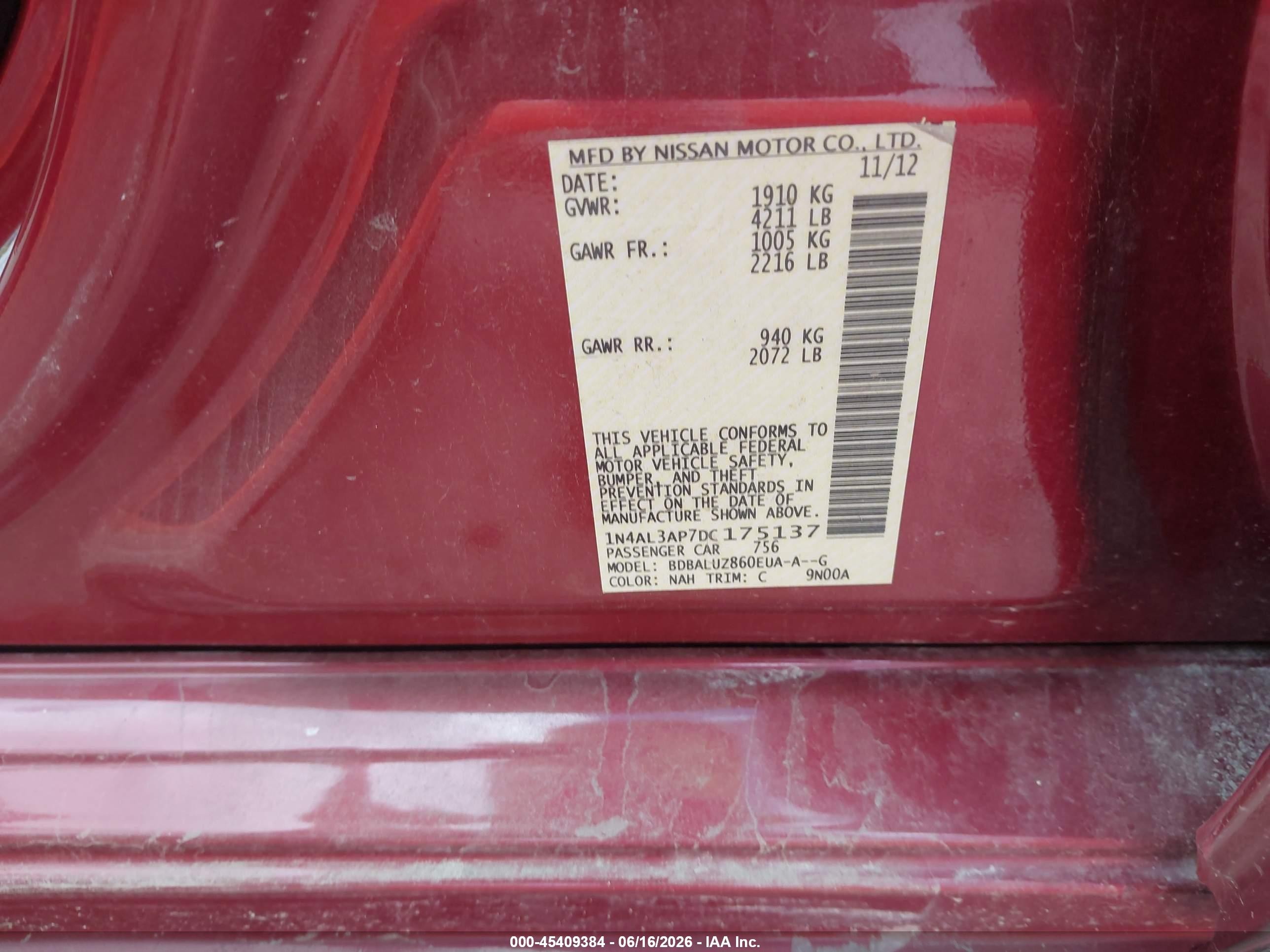 2013 Nissan Altima 2.5 Sv Red vin: 1N4AL3AP7DC175137