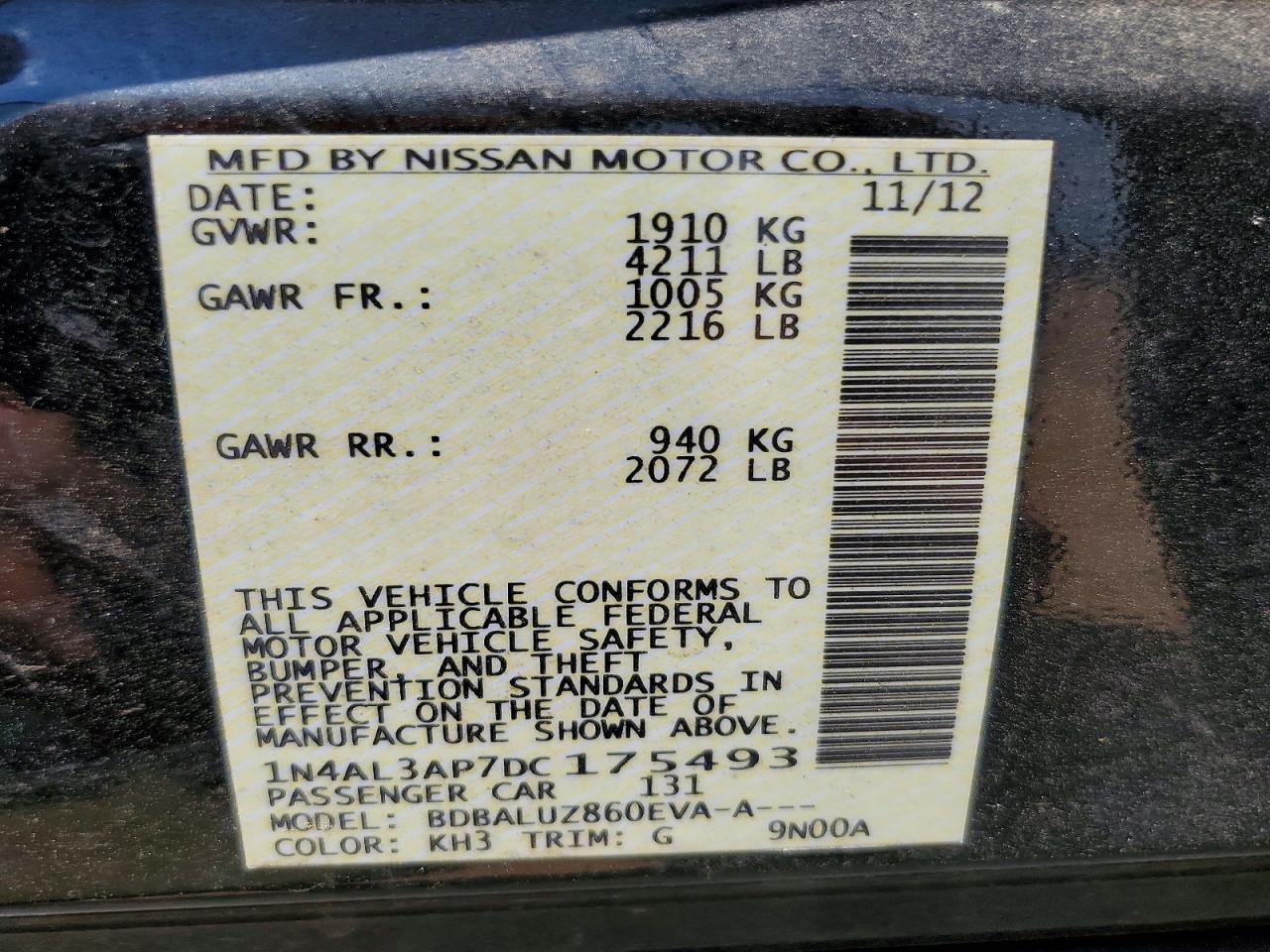 2013 Nissan Altima 2.5 Black vin: 1N4AL3AP7DC175493